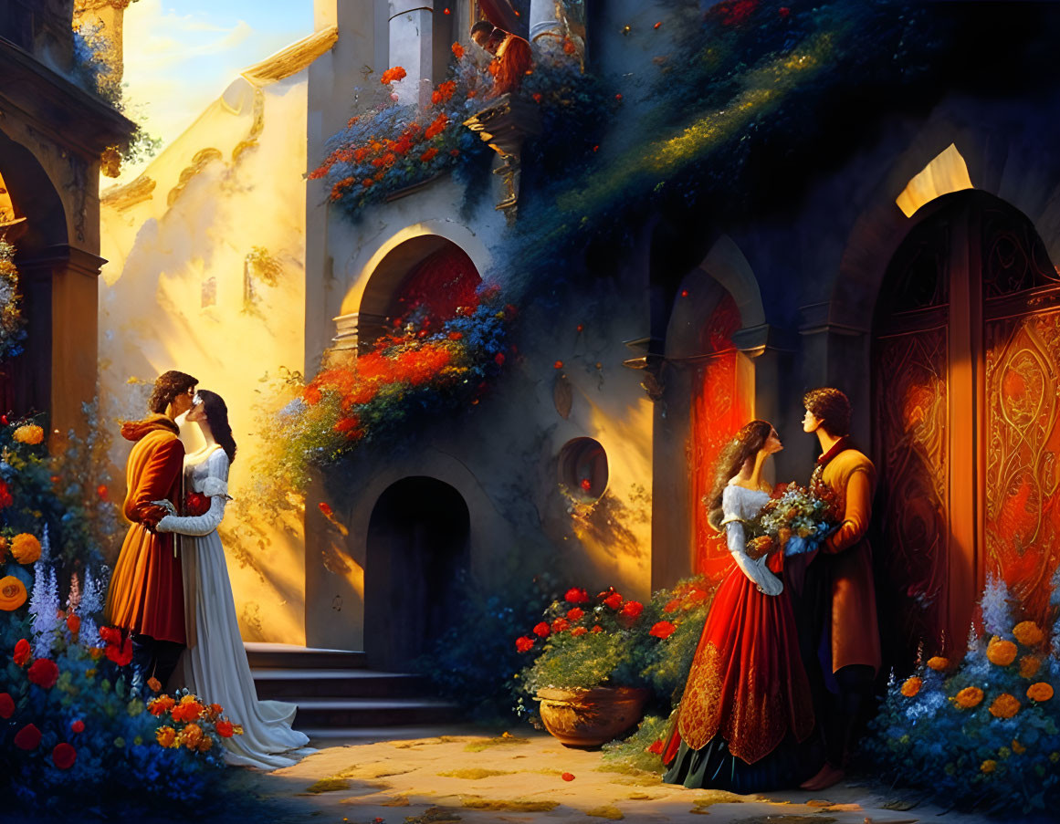 Historical couple exchanging flowers in sunlit courtyard