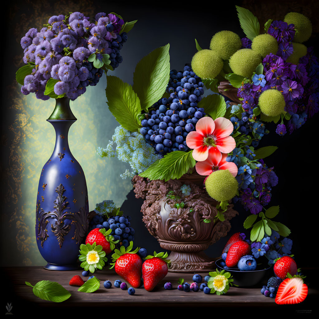 Dark blue vase with purple flowers, classical urn with blossoms and berries, strawberries and blueberries.