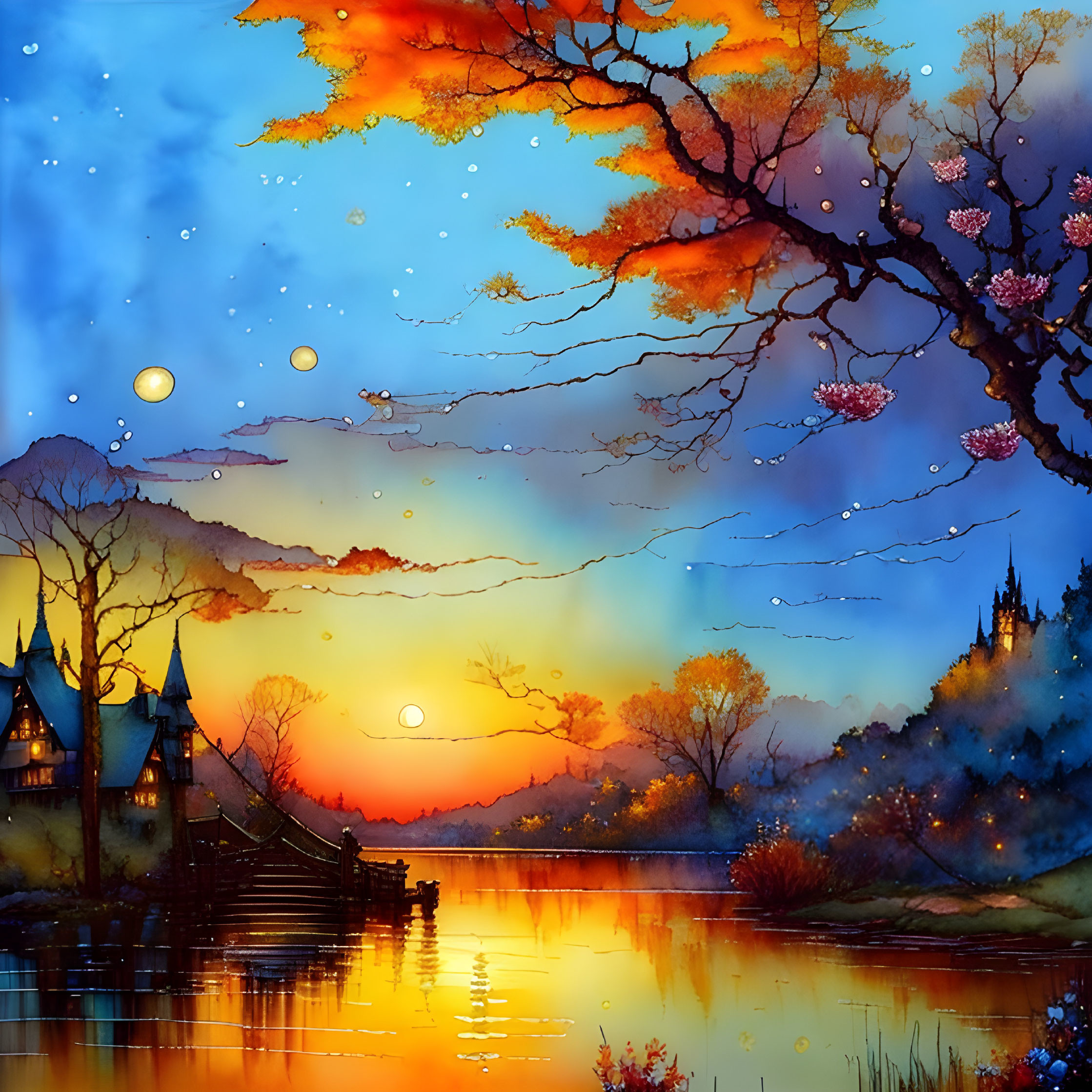 Twilight watercolor illustration: vibrant sky, cherry blossoms, lake, lanterns, silhou