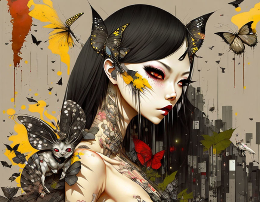 Stylized woman with butterfly wings, vibrant colors, butterflies, cityscape background