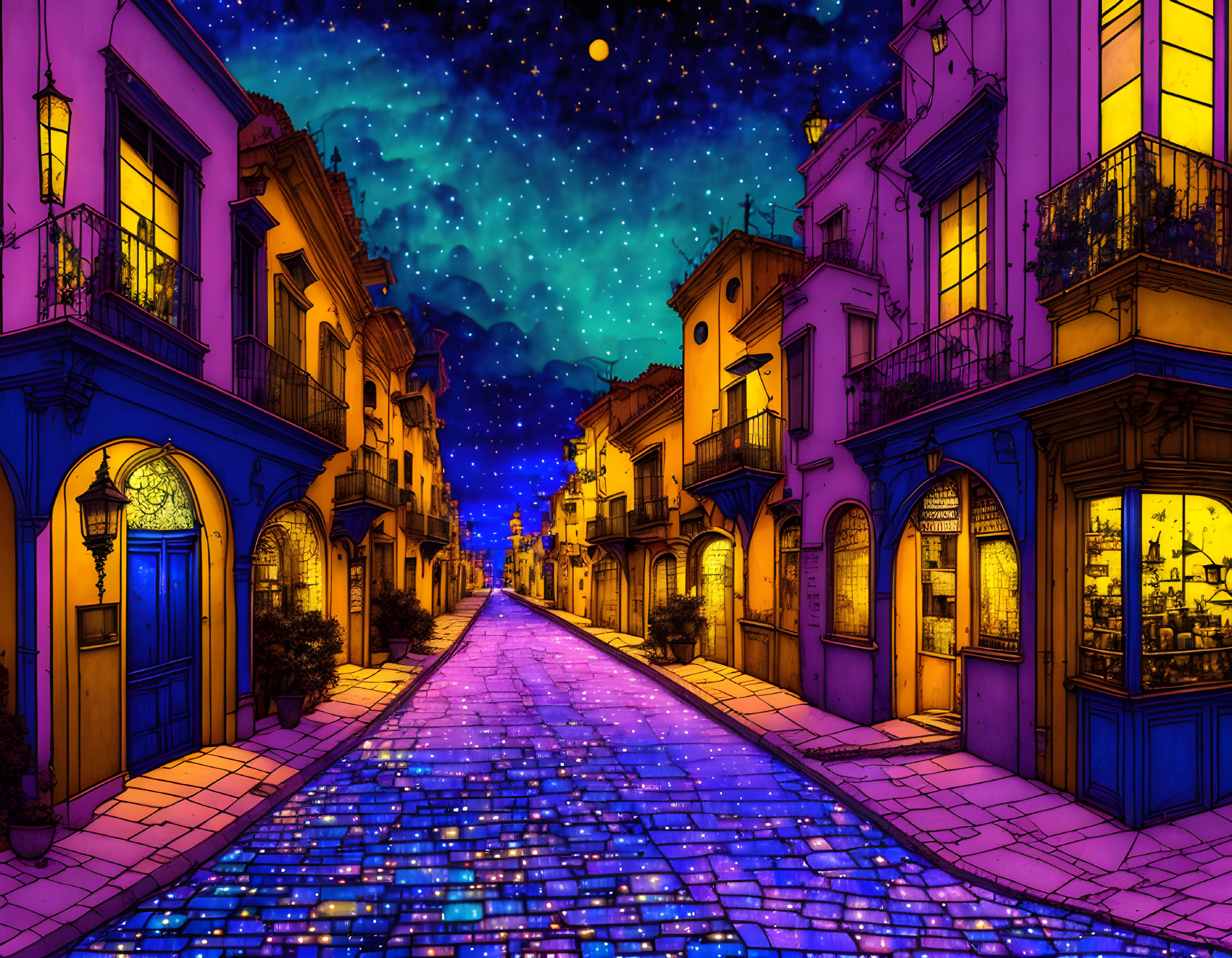 Vibrant Dreamlike Street Scene with Starry Sky