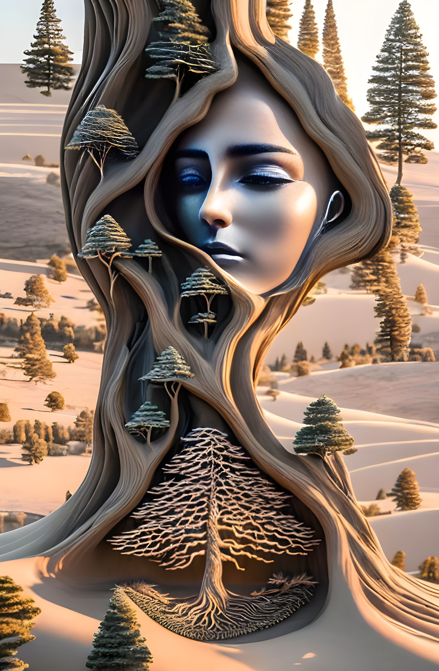 Woman's face merges with tree landscape in surreal snowy scene