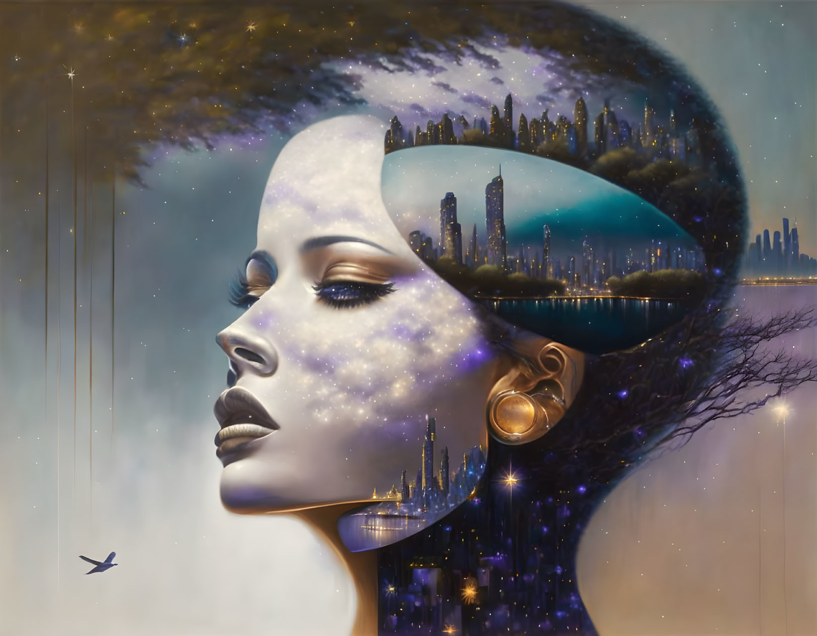 Surreal portrait of woman with cosmic-themed head and cityscape merge