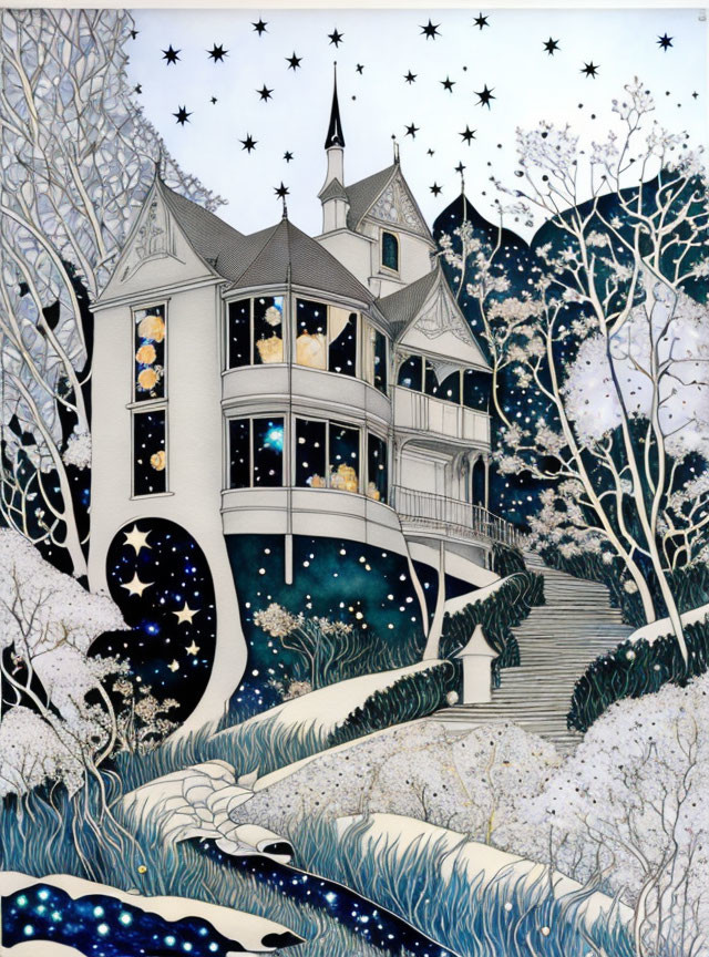 Artistic depiction of illuminated house in starry night landscape