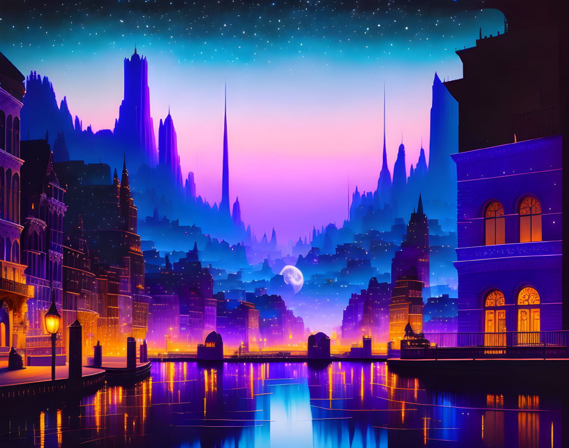 Fantasy cityscape digital illustration: vibrant night scene with illuminated buildings, river, starry sky,