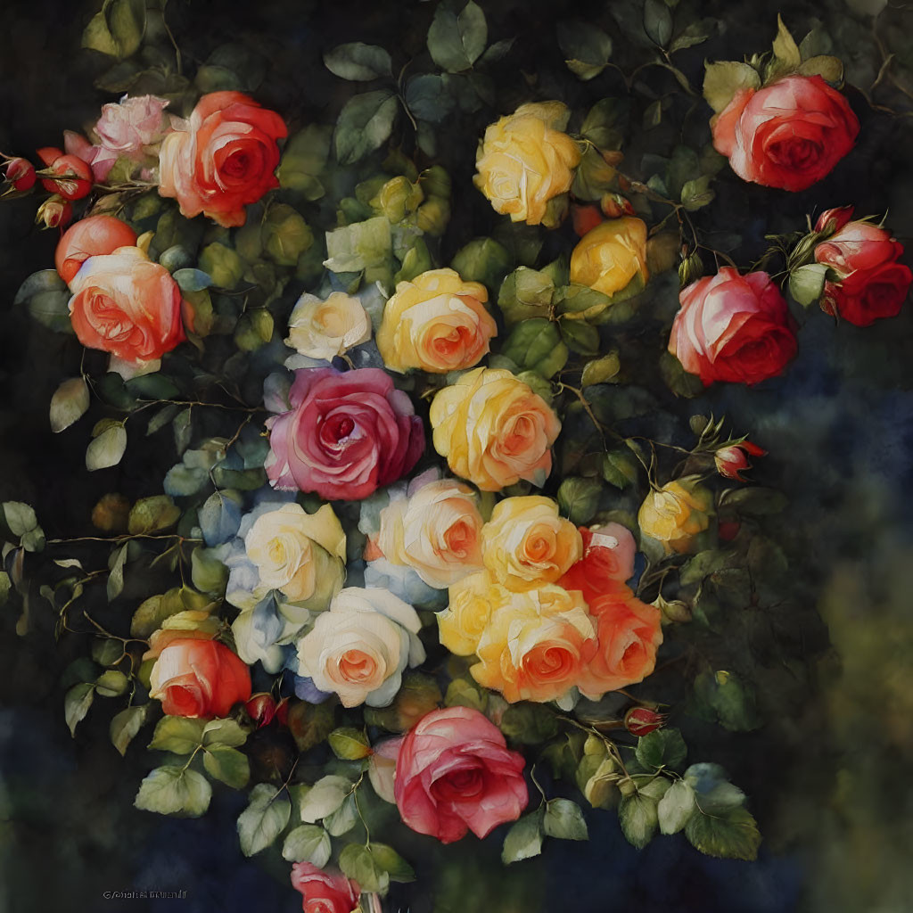 Vibrant bouquet of roses in red, pink, yellow, and white on dark backdrop