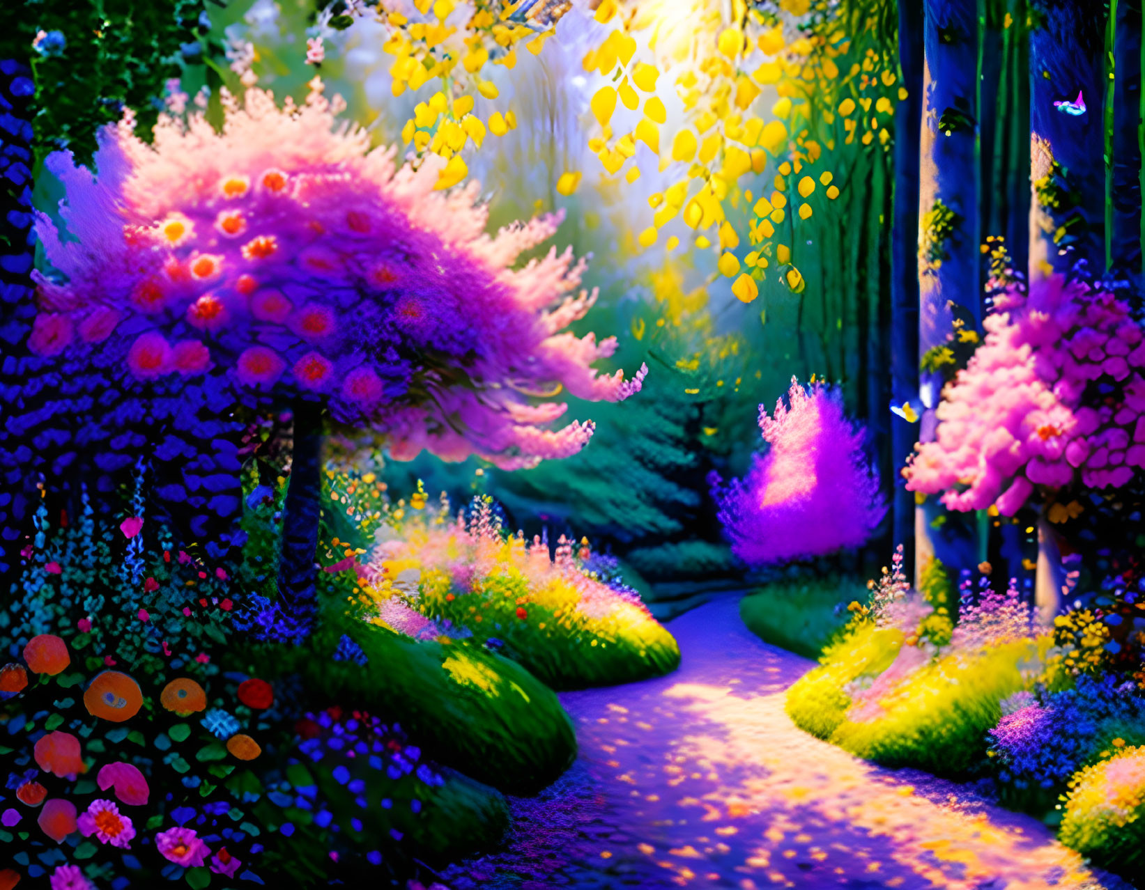 Colorful Fantasy Forest with Glowing Flowers & Mystical Pathway