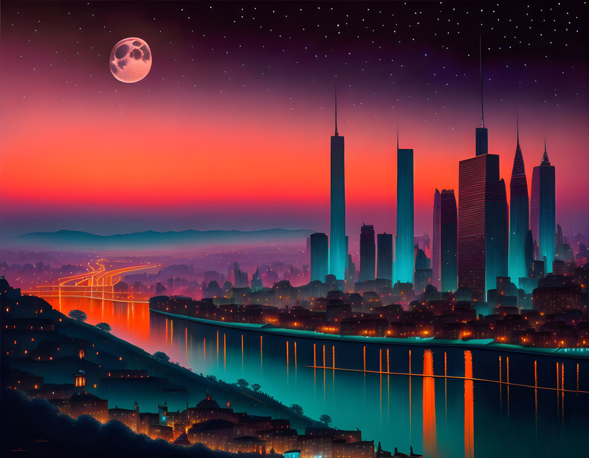 Futuristic city skyline at twilight with moon, stars, colorful sky, and river reflection