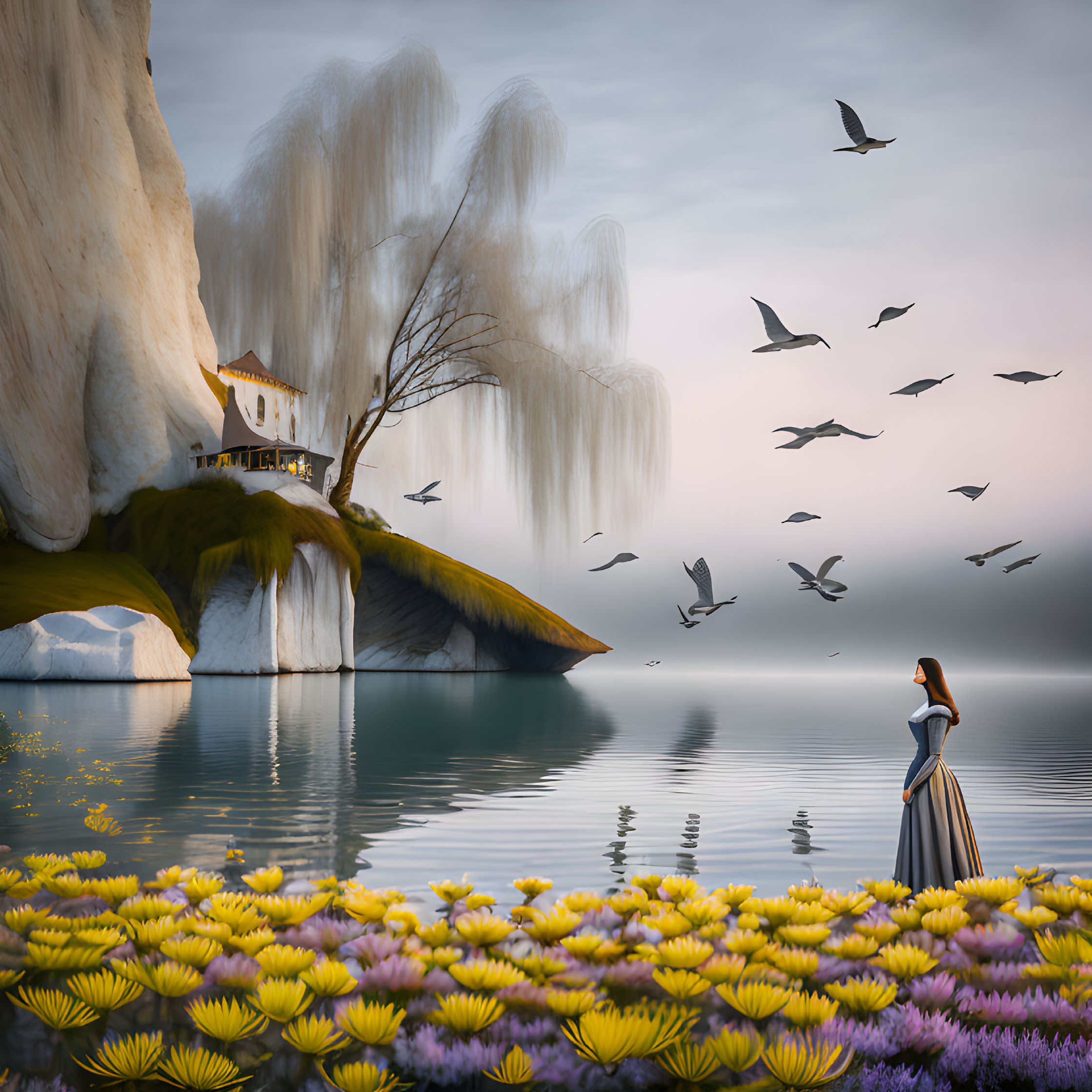 Tranquil landscape with person, lake, water lilies, birds, waterfall, and Asian pav