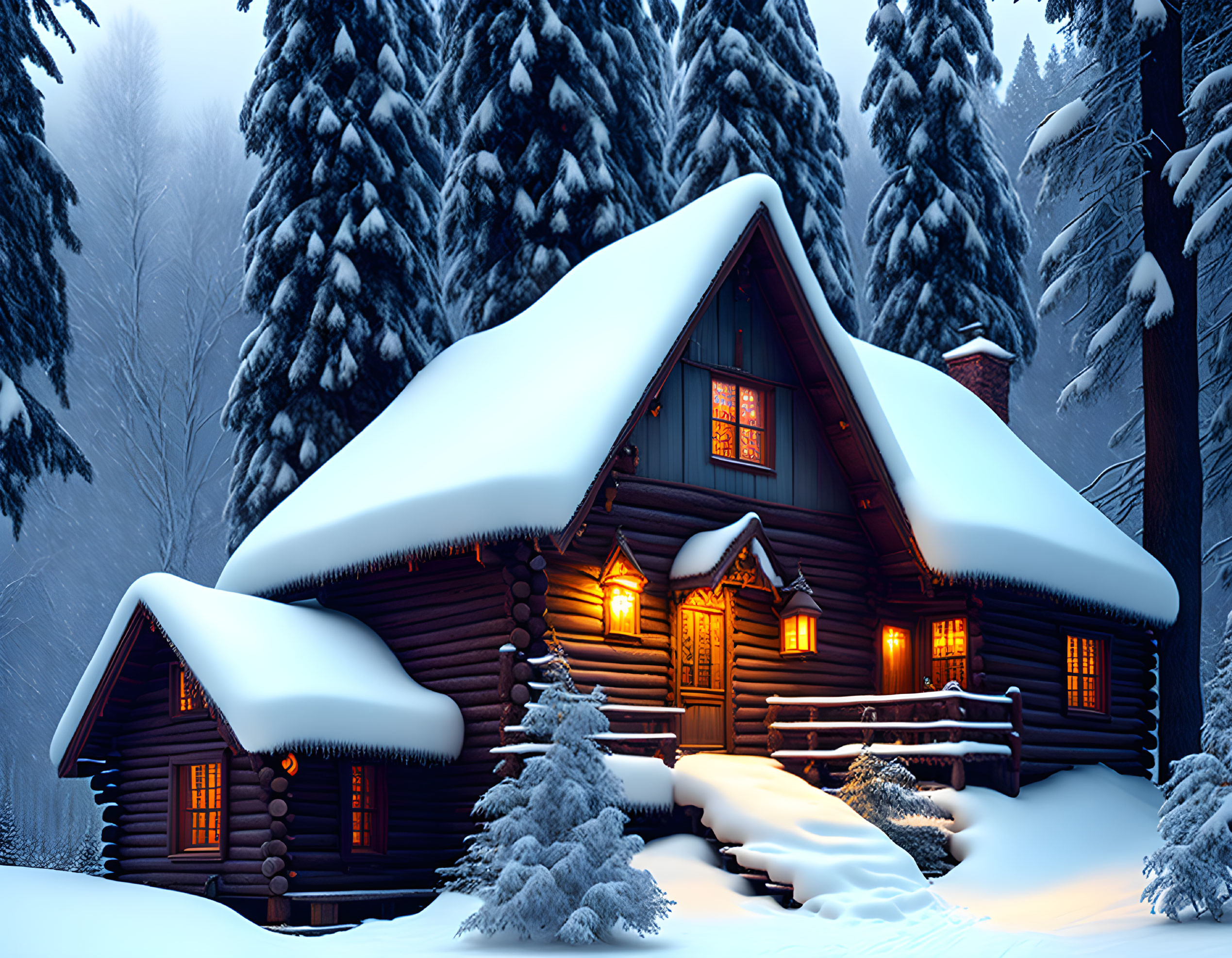 Snowy forest cabin with glowing windows in twilight