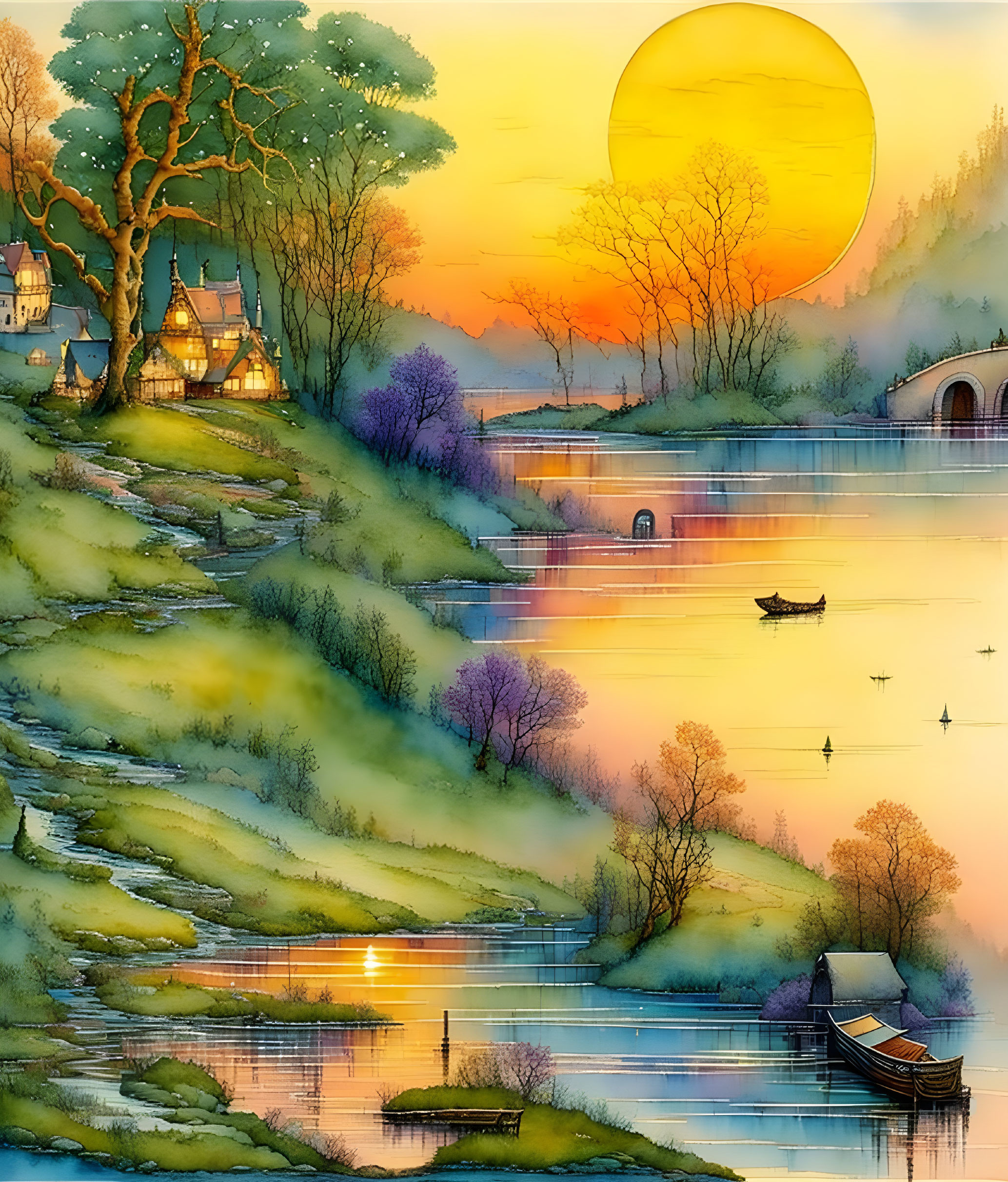 Serene riverside sunset scene with houses, bridge, and boats