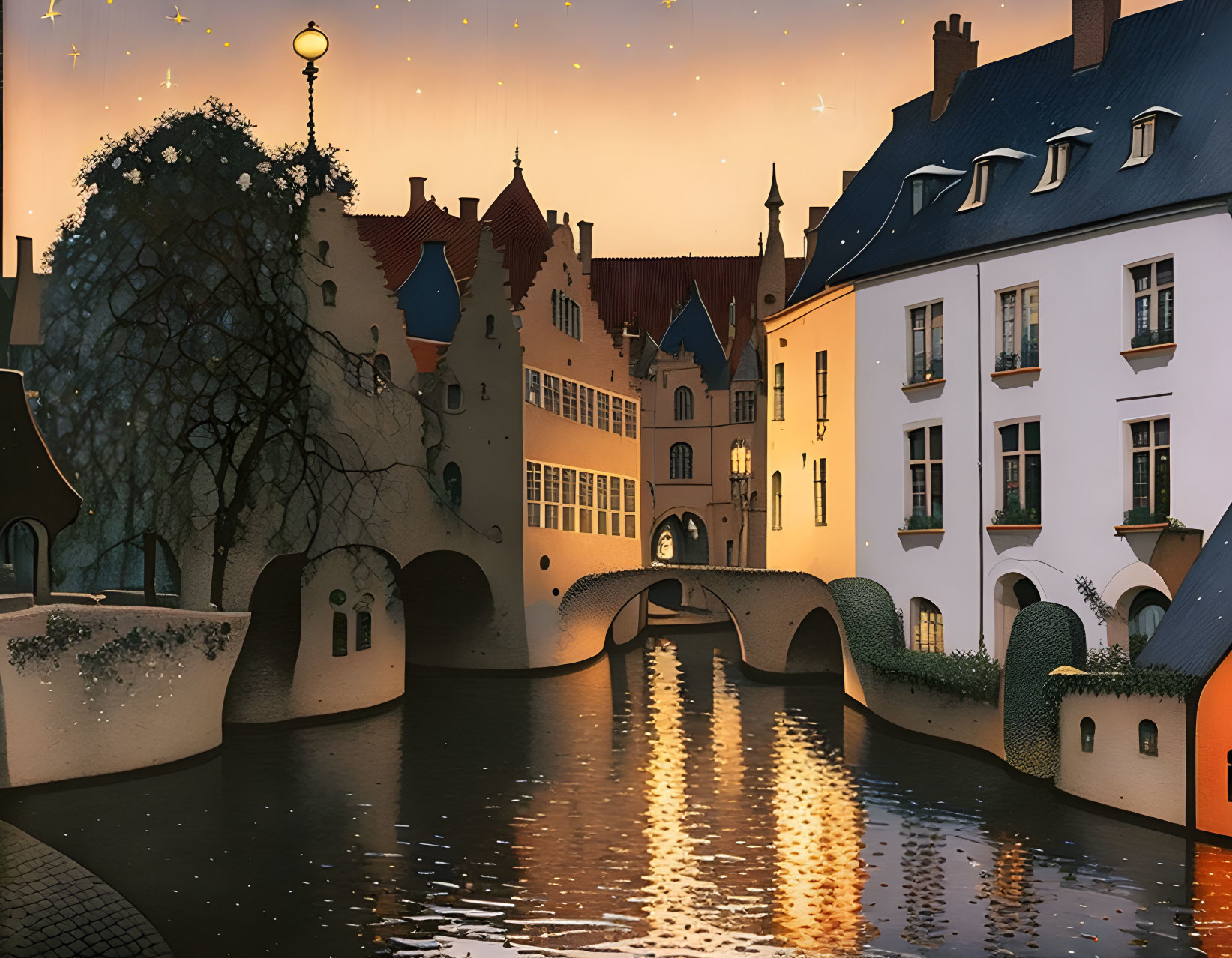 Historical town with canal, stone bridge, and street lamps at dusk