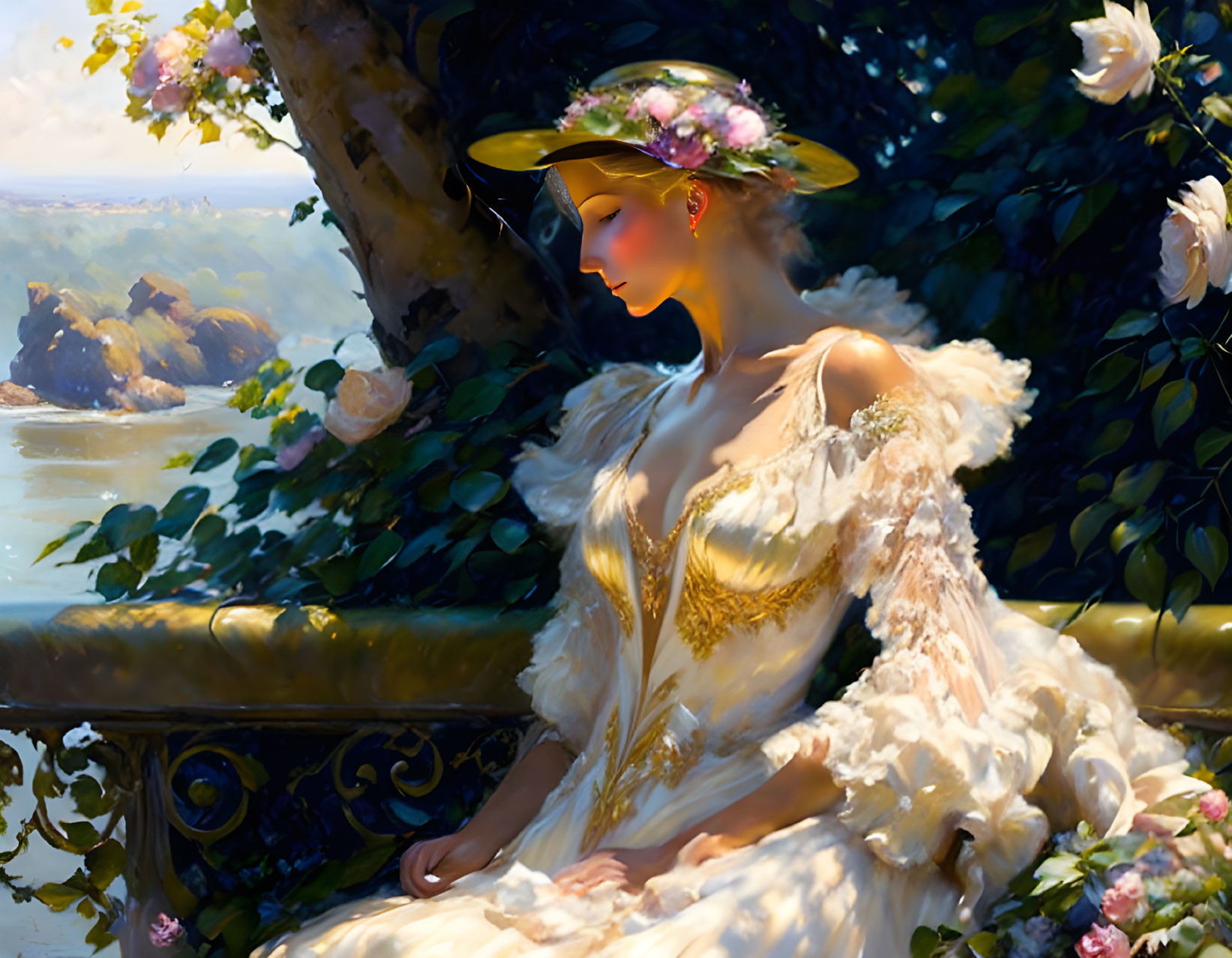 Woman in White Dress with Gold Accents in Serene Garden Setting