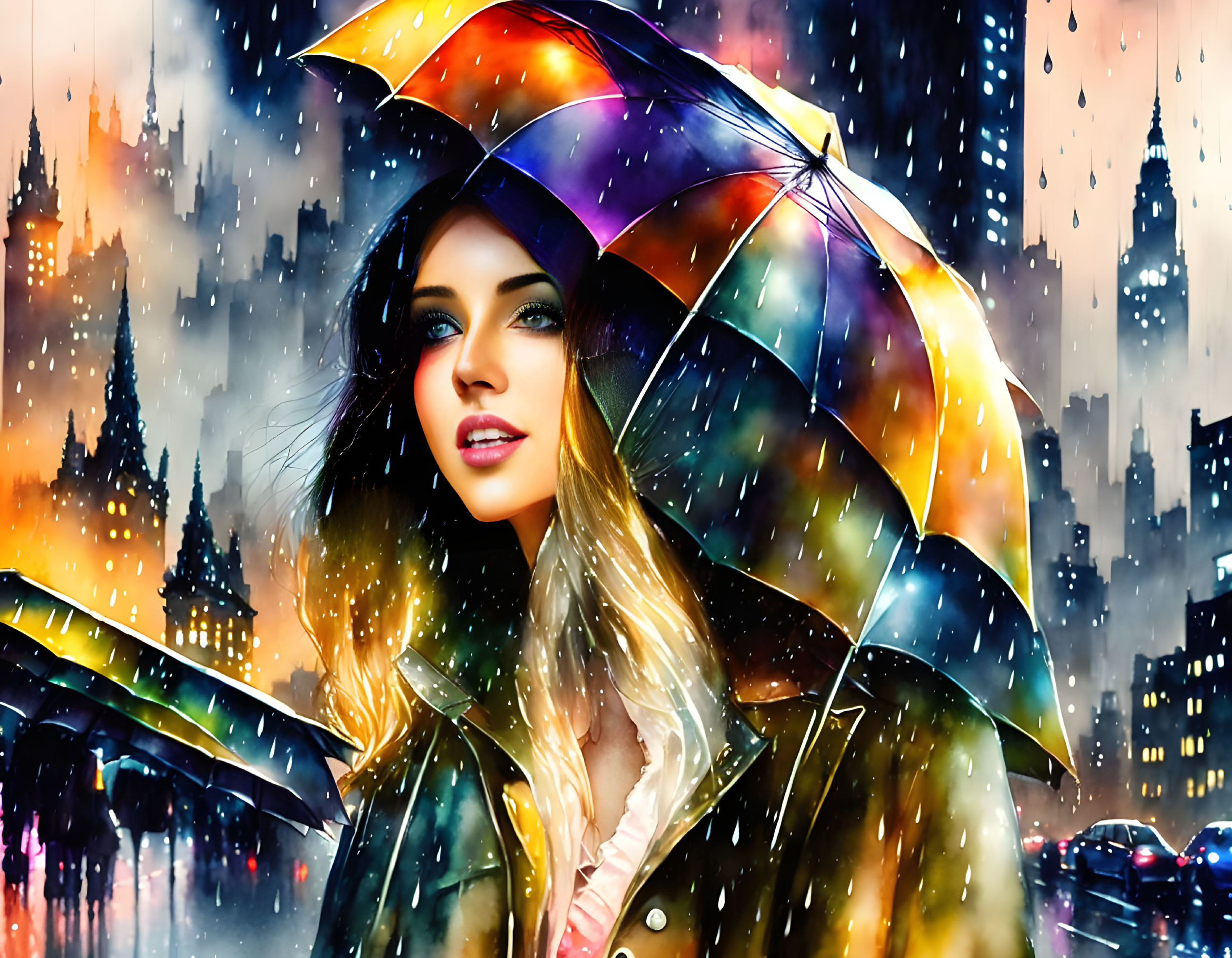 Multicolored umbrella woman in rain with city lights