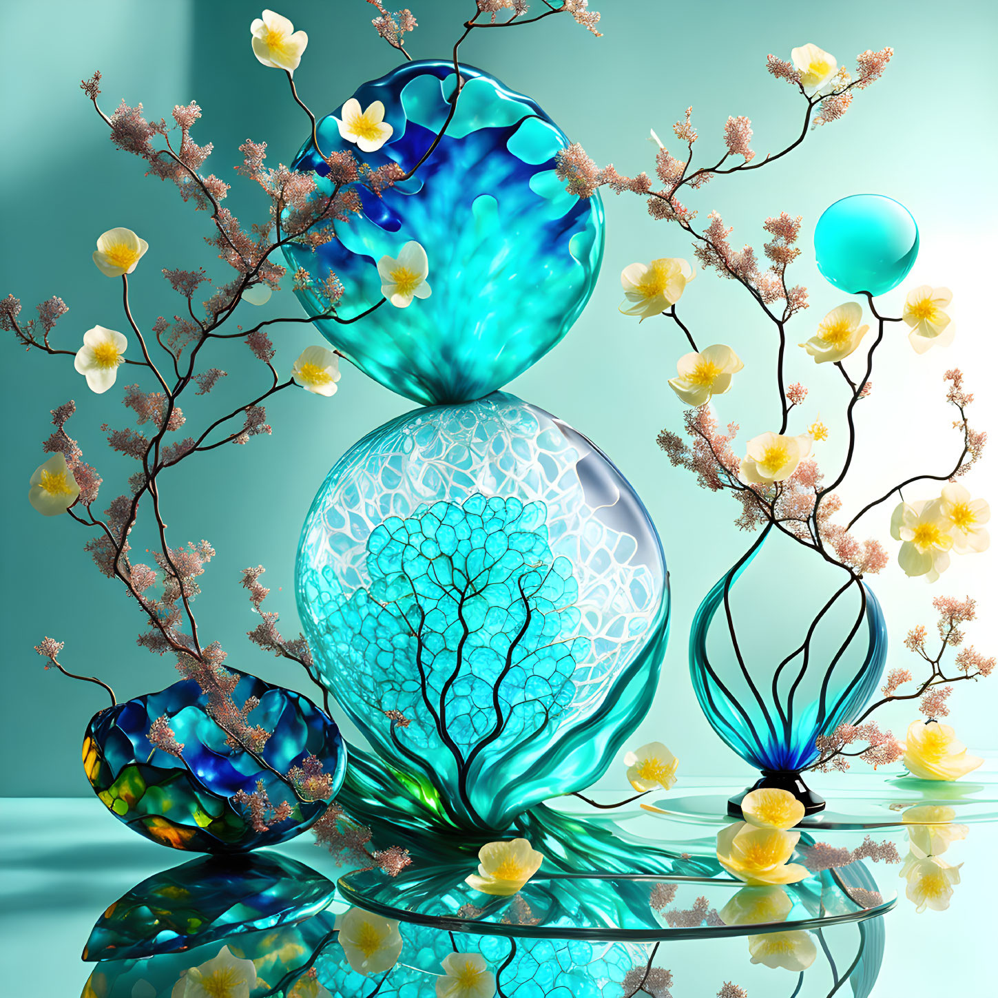 Colorful Translucent Vases with Blooming Branches on Reflective Surface