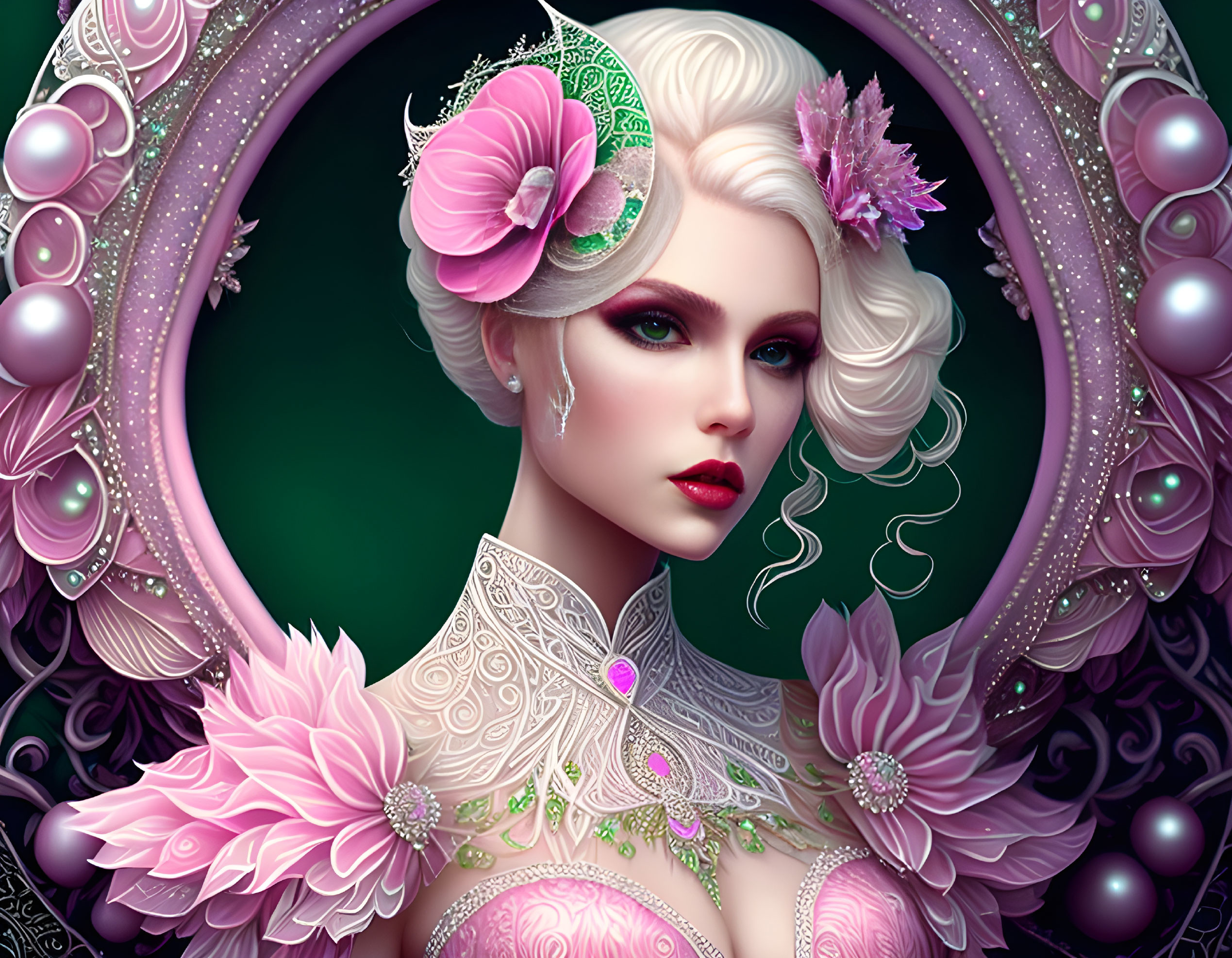 Pale-skinned woman with striking makeup and pink floral adornments in intricate headwear within decorative frame