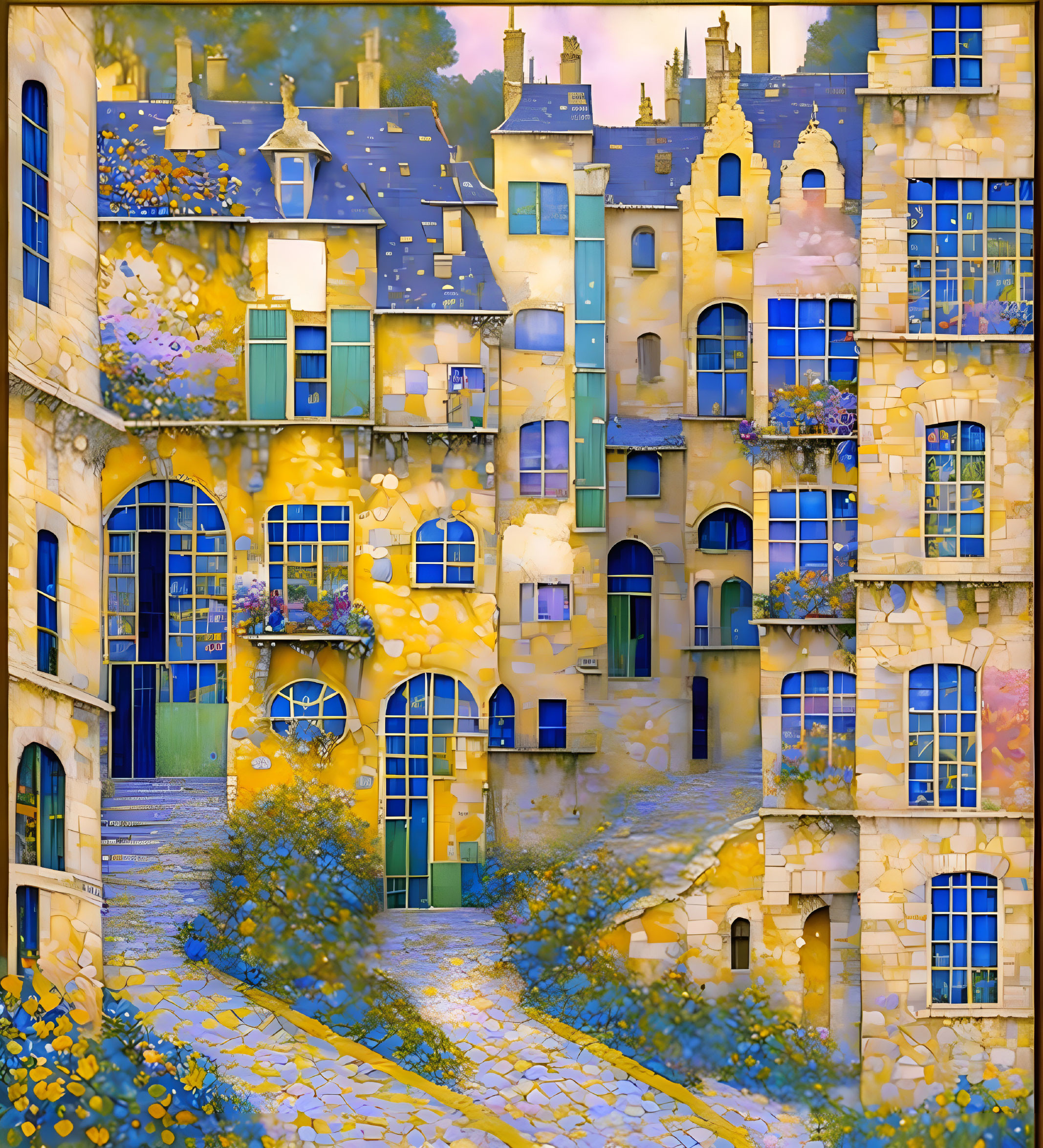 Impressionist-style painting of quaint yellow buildings with blue windows and colorful flowers.