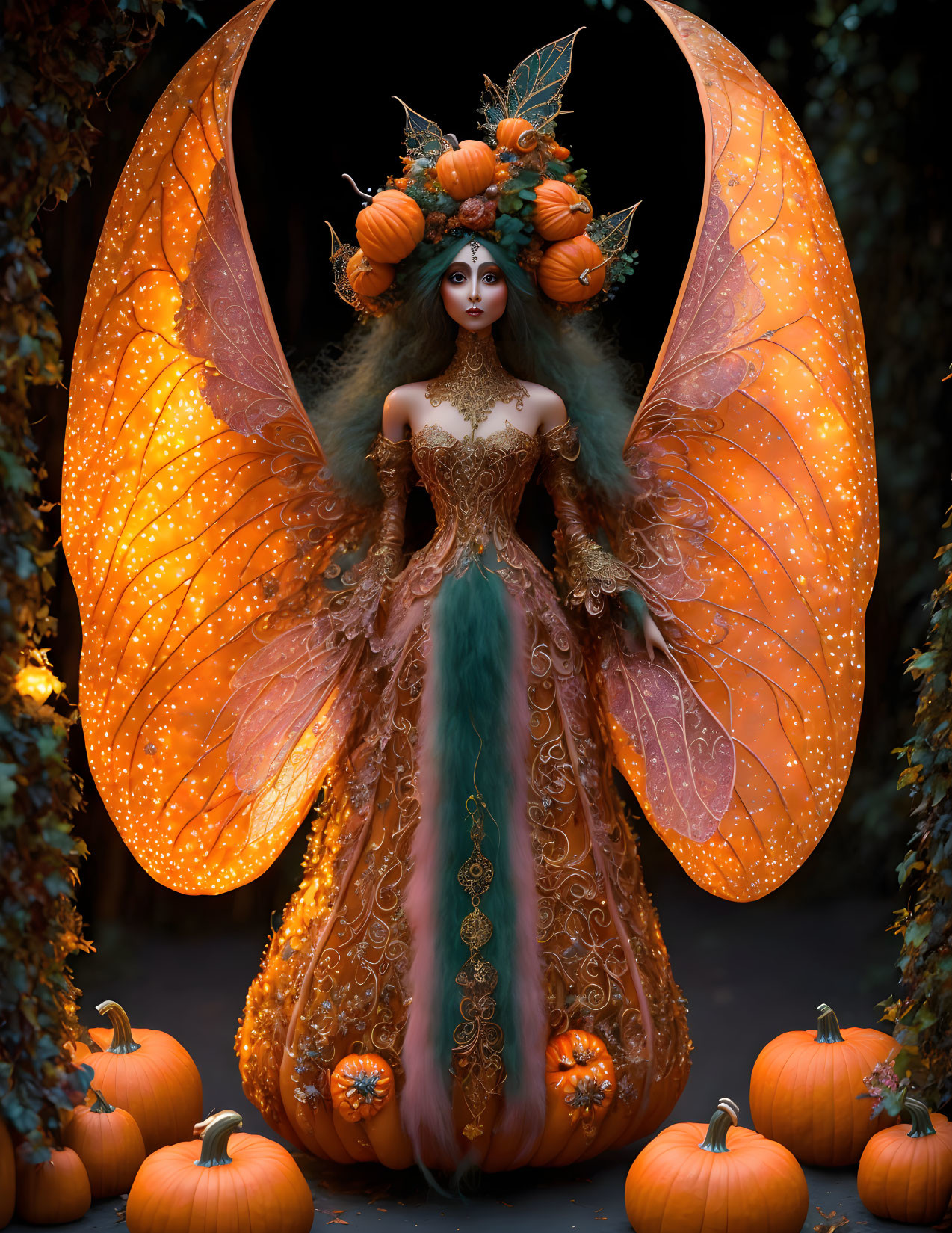 Elaborate fantasy costume with orange wings and pumpkin headdress