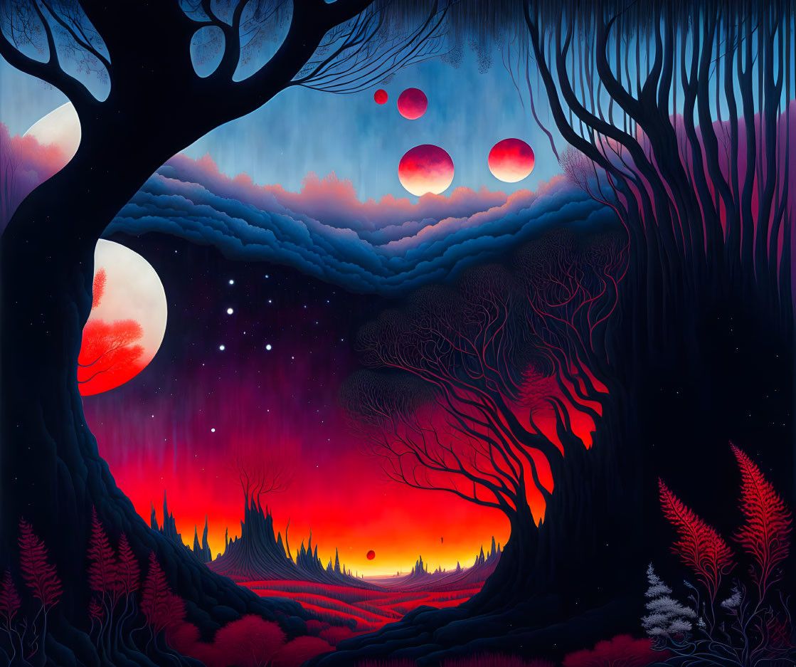 Fantasy landscape with red moons, silhouette trees, and fiery horizon