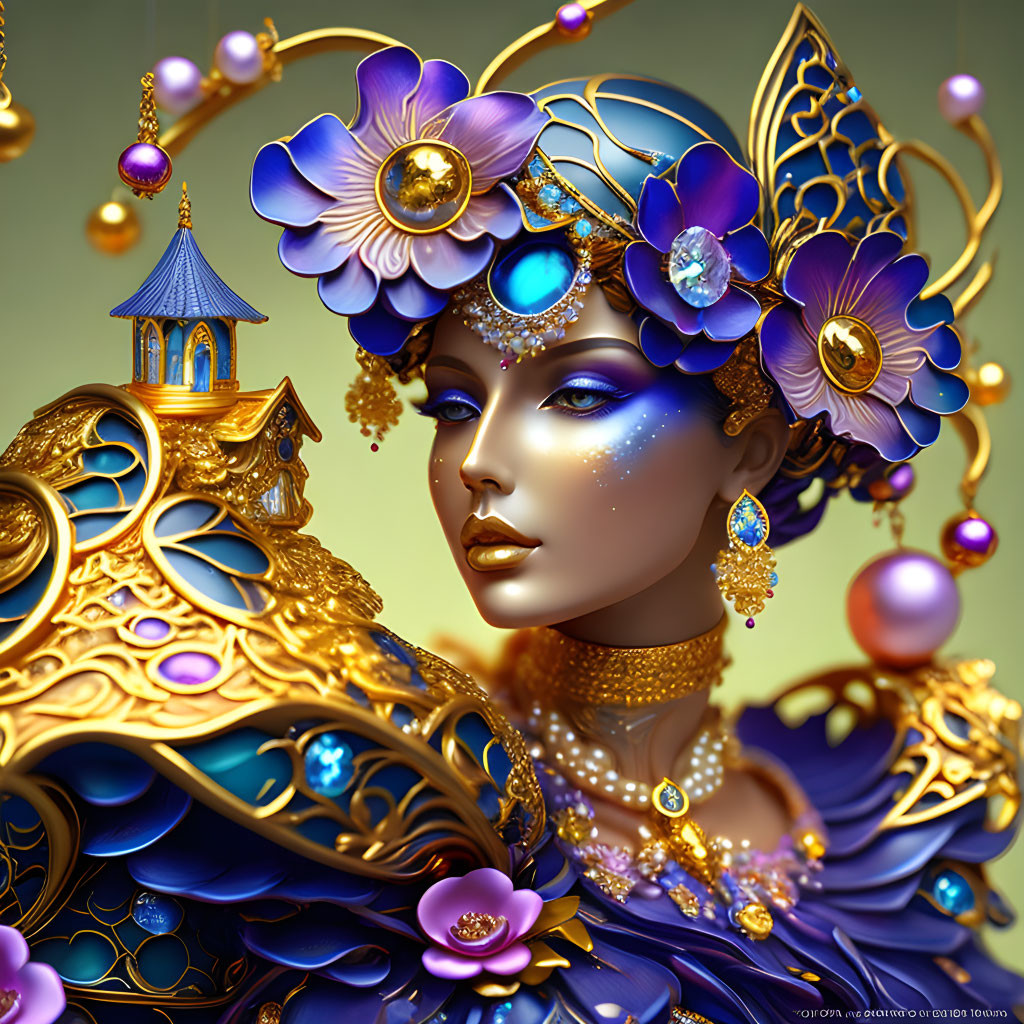 Blue-skinned woman in gold and purple jewelry with floral motifs and castle headpiece.