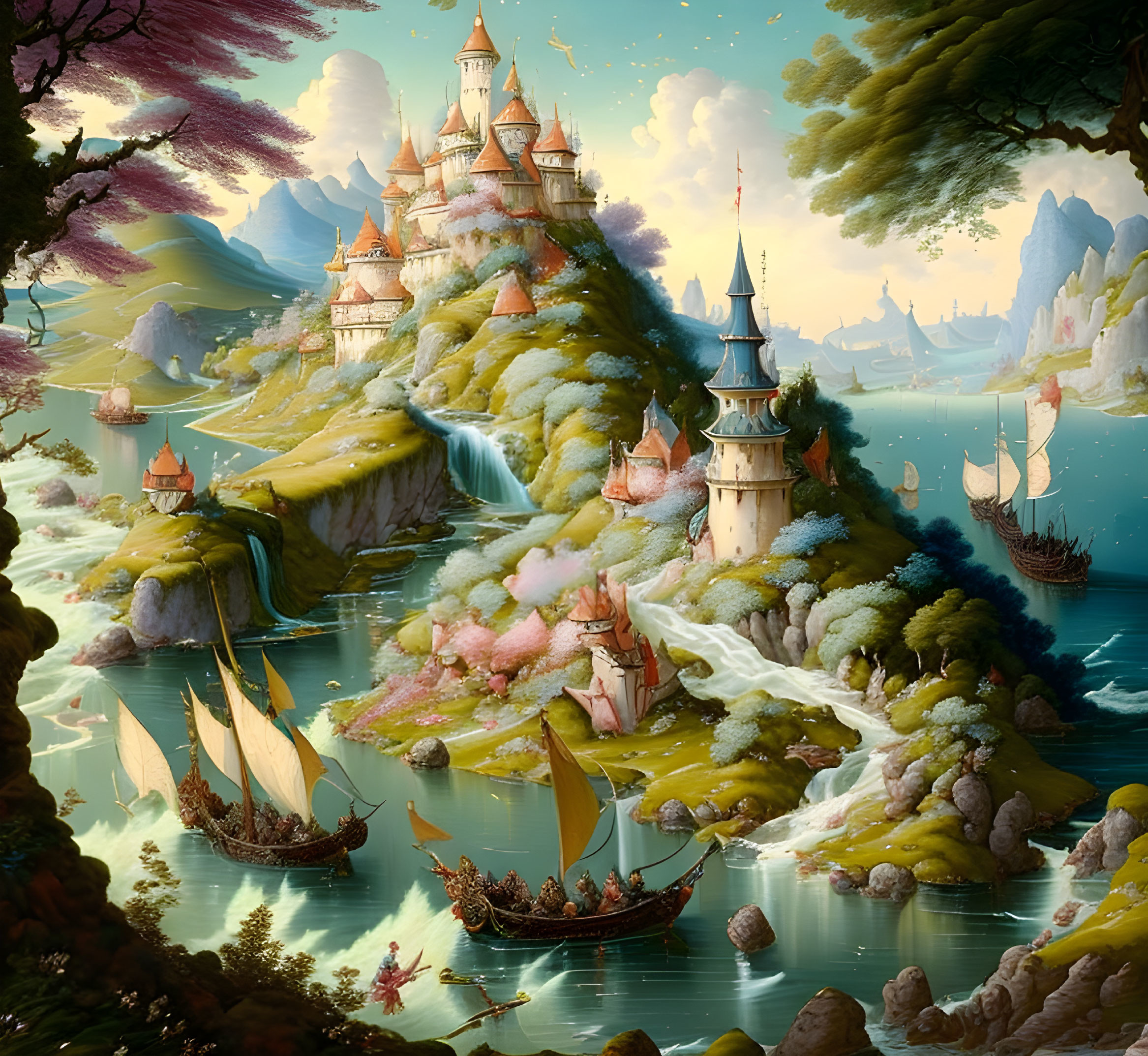 Fantastical landscape with ornate castles, hills, waterfalls, ships, and mountains