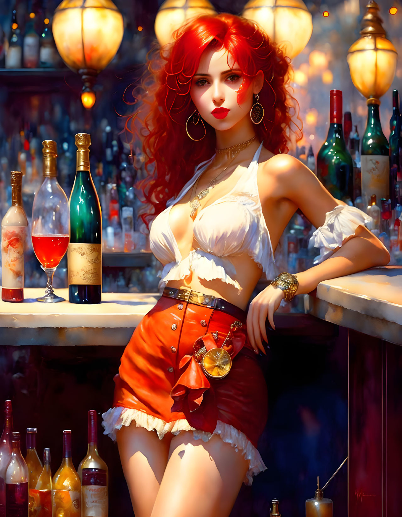 Illustration of woman with red hair in bold outfit at bar with wine.