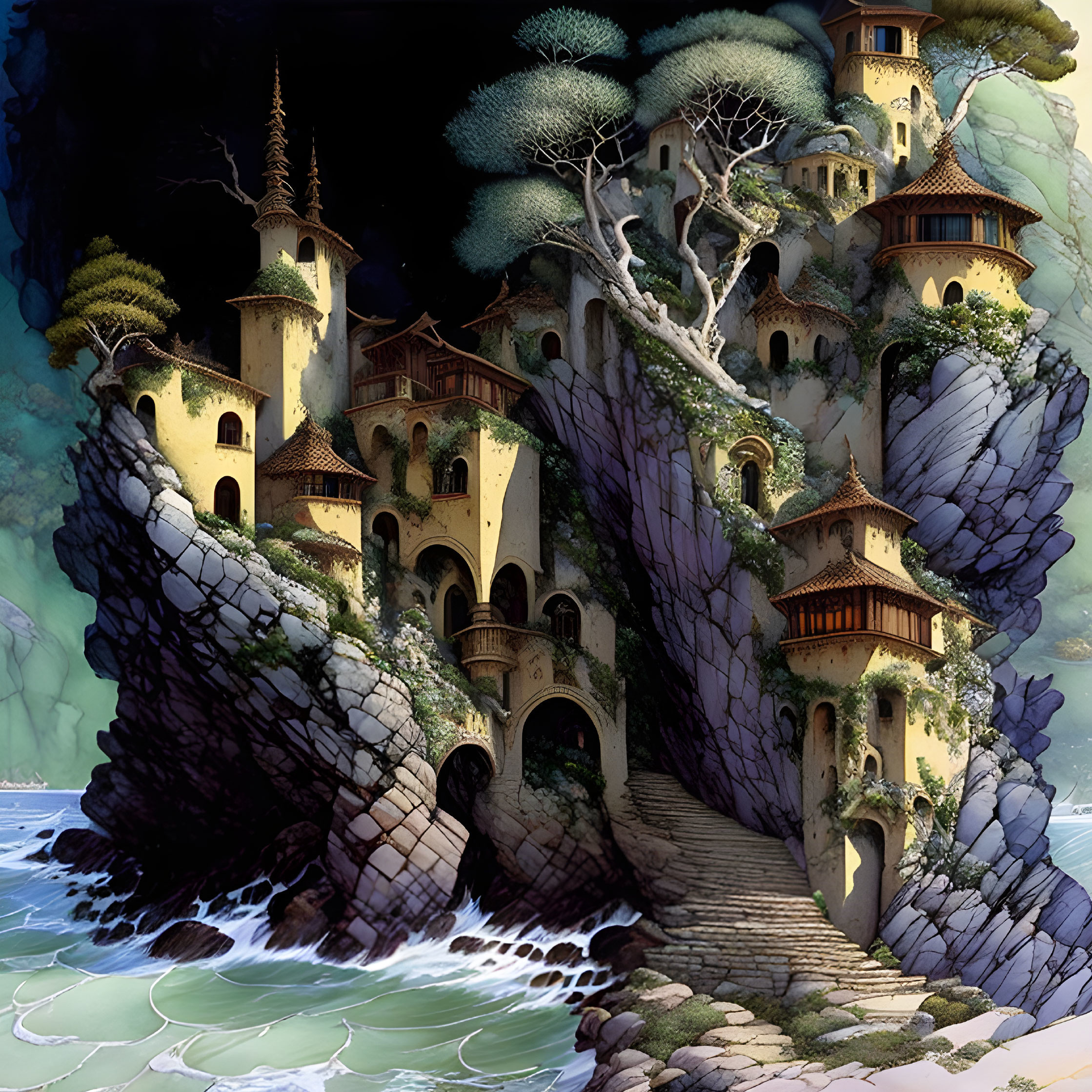 Fantasy castle with towers on tree cliff near tranquil beach