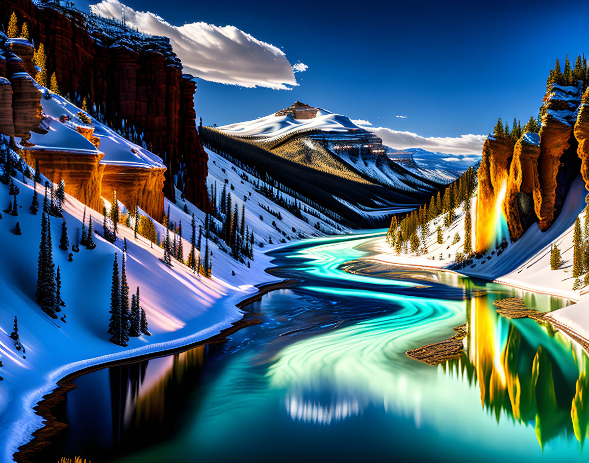 Snow-covered cliffs and pine forests with turquoise river in vivid landscape