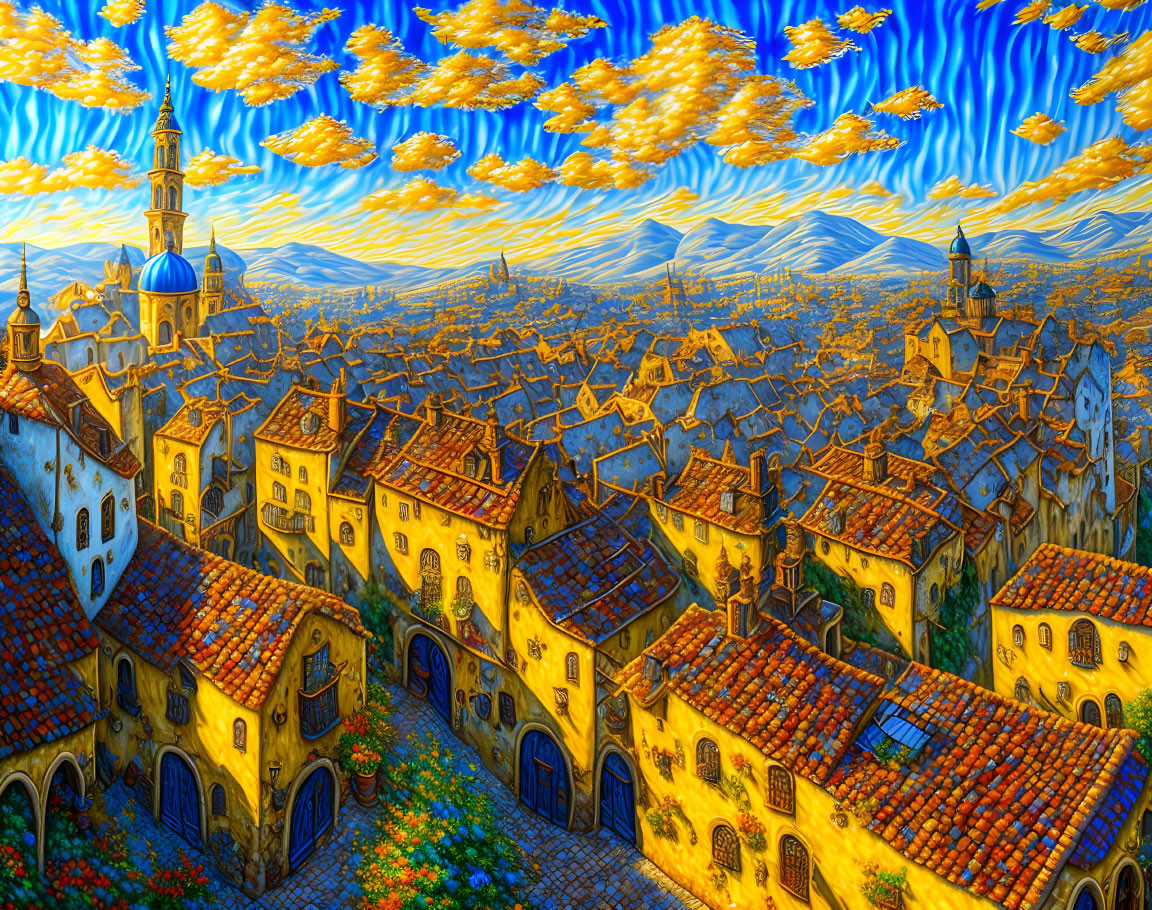 Surreal painting of old European town with golden buildings