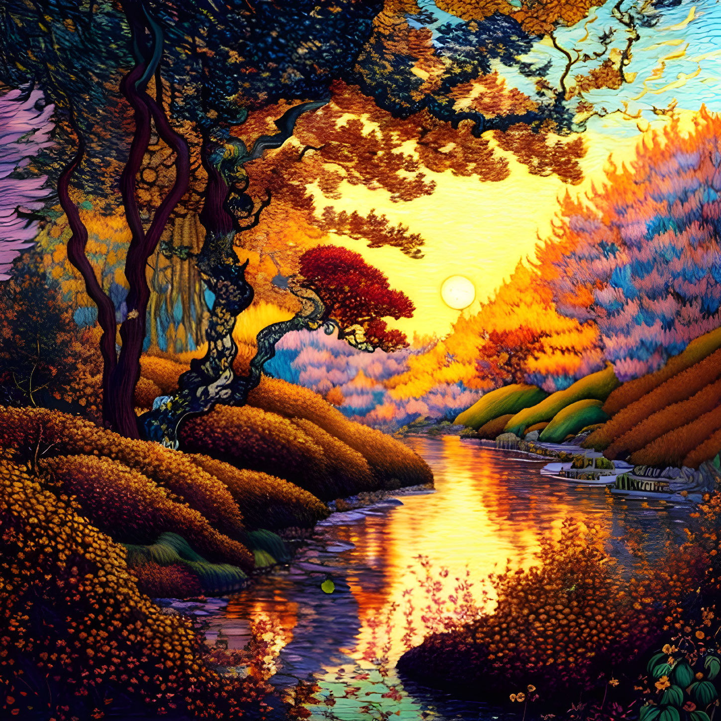 Serene river at sunset with autumn trees and colorful foliage