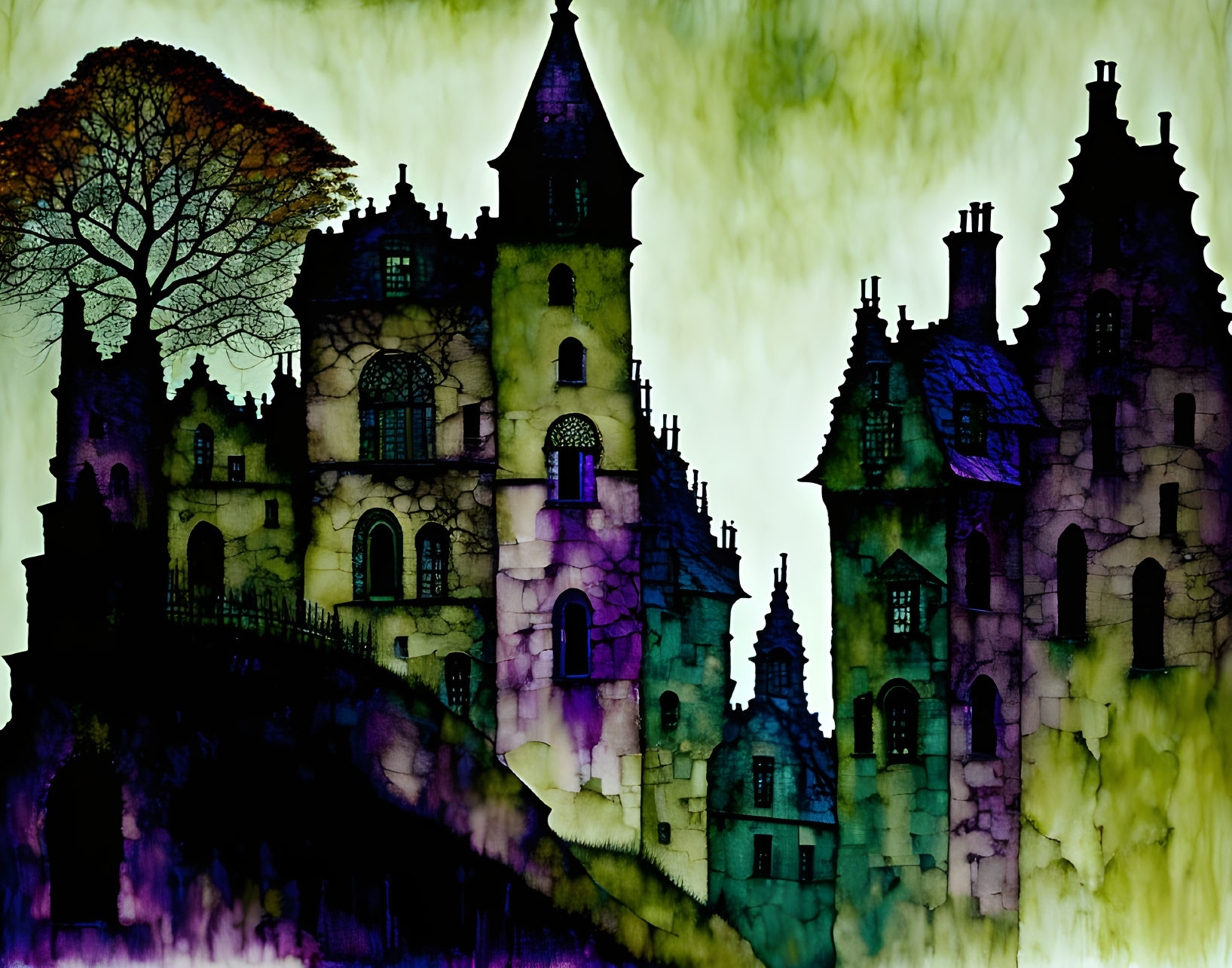 Eerie stylized image: Haunted houses, bare tree, greenish misty background