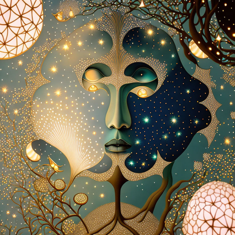 Human face blended with cosmic and nature background with stars, trees, and golden patterns.