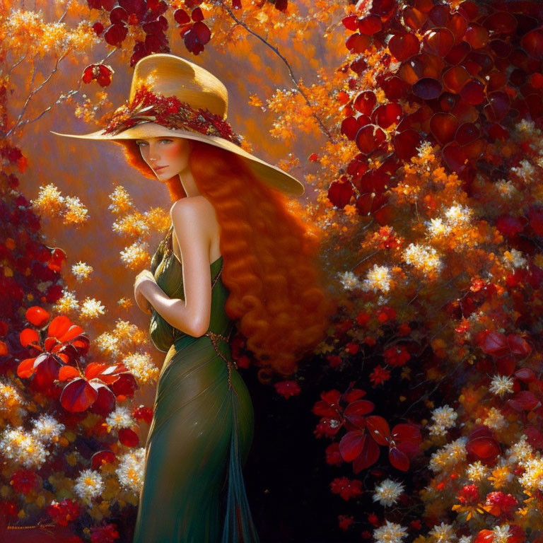 Red-haired woman in green dress among autumn foliage and floral hat