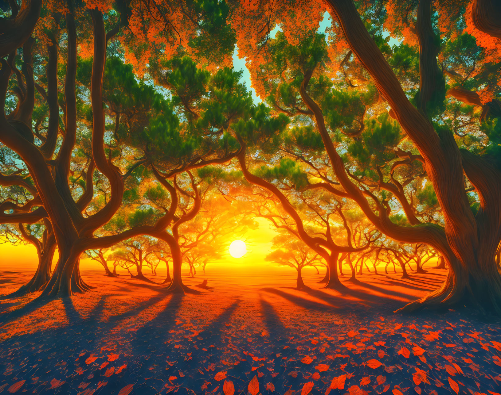 Sunset forest scene: twisting trees, fallen leaves, warm sun glow