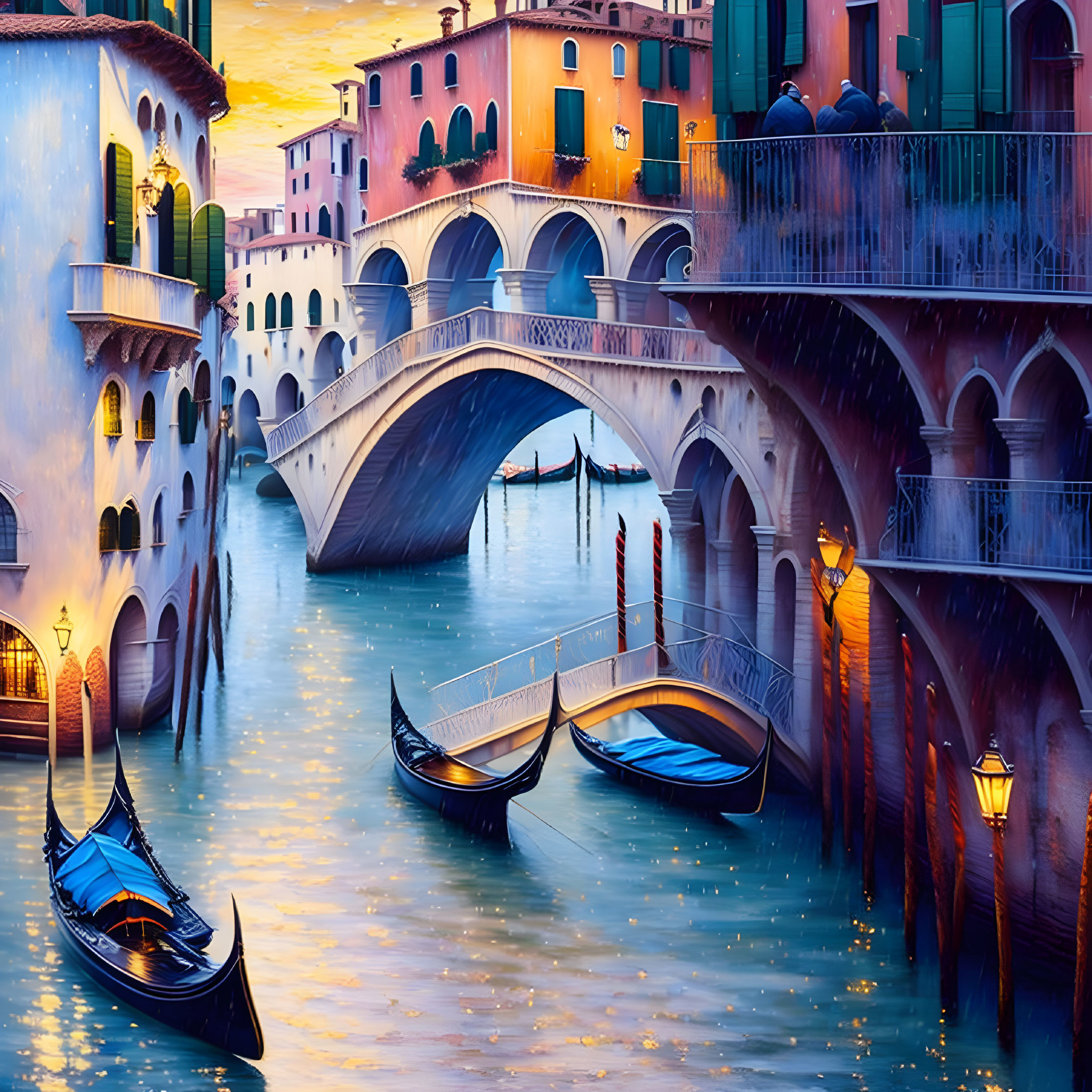 Vibrant Venetian canal painting with gondolas, bridge, and twilight ambiance