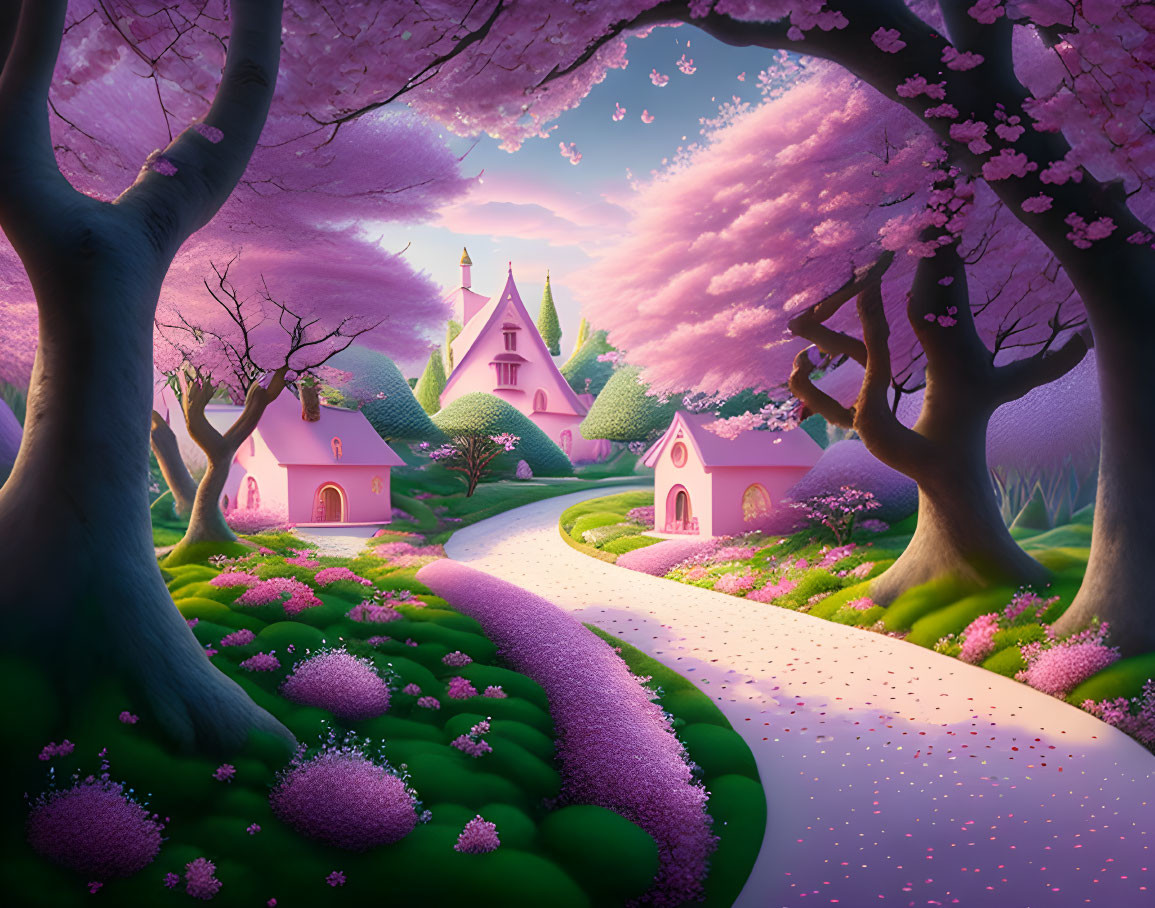 Whimsical pink castle in cherry blossom landscape