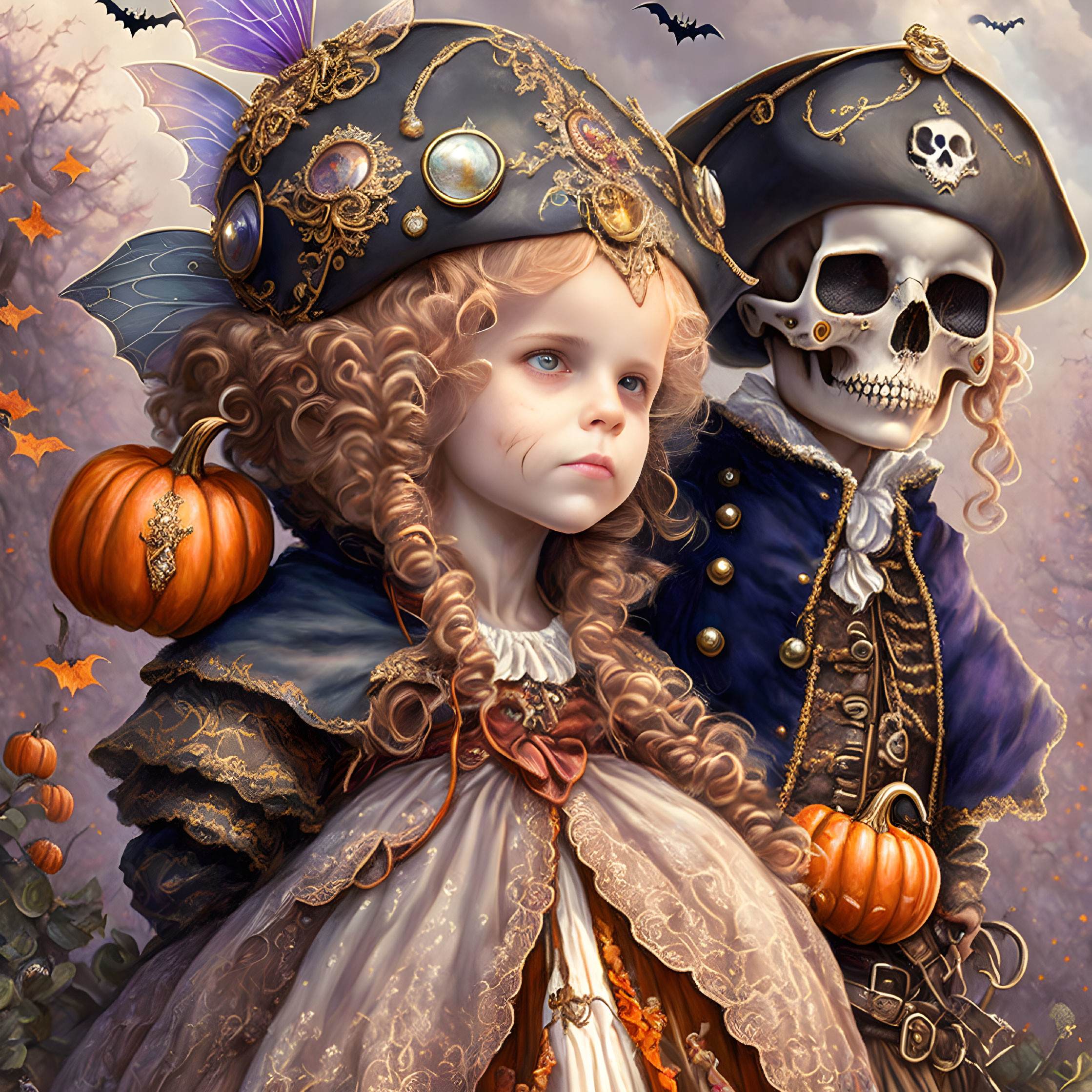 Child in pirate costume with skull, autumn leaves, and pumpkin illustration.