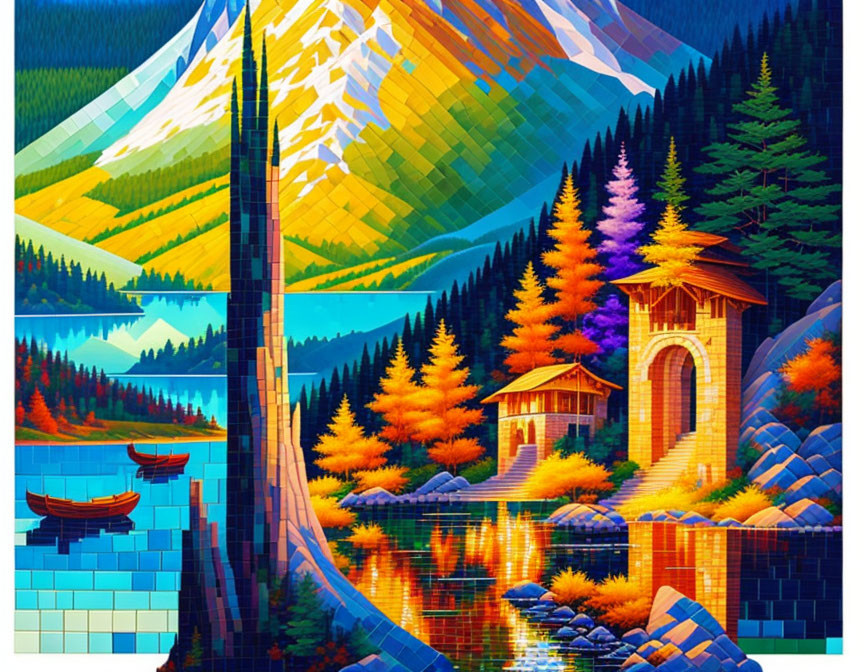 Colorful landscape with mountains, autumn forest, lake, boat, and bridge.