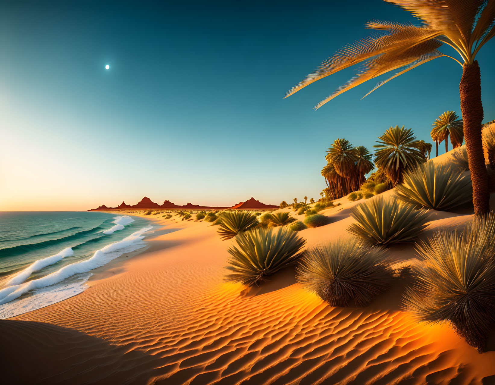 Tranquil desert twilight scene with palm trees, dunes, sea waves, and crescent moon