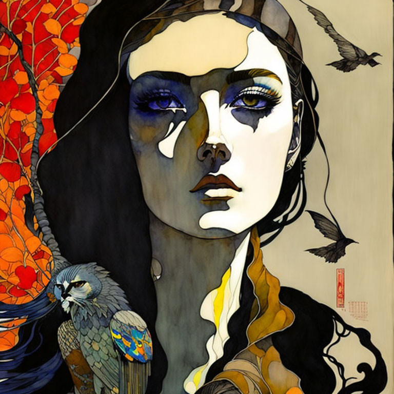 Stylized portrait of woman with blue eye makeup and hawk in red foliage.