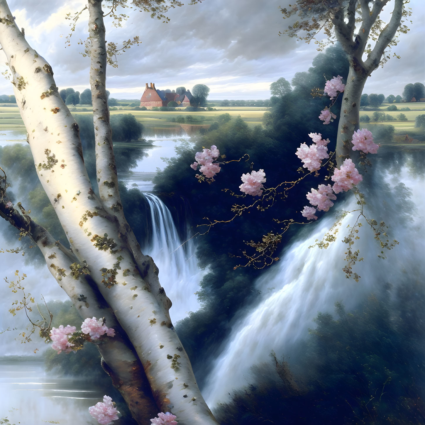 Surreal cherry blossom landscape with waterfall and countryside house