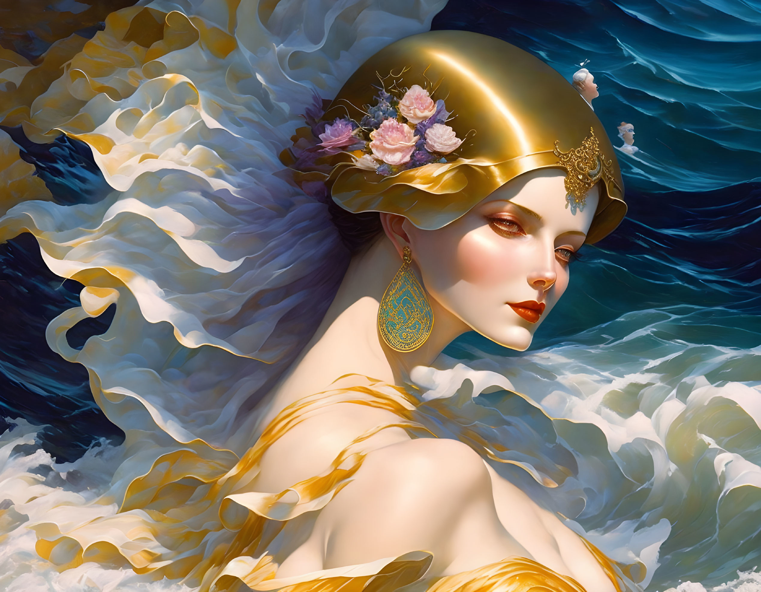 Stylized portrait of woman with golden headpiece and white hair blending into sea waves