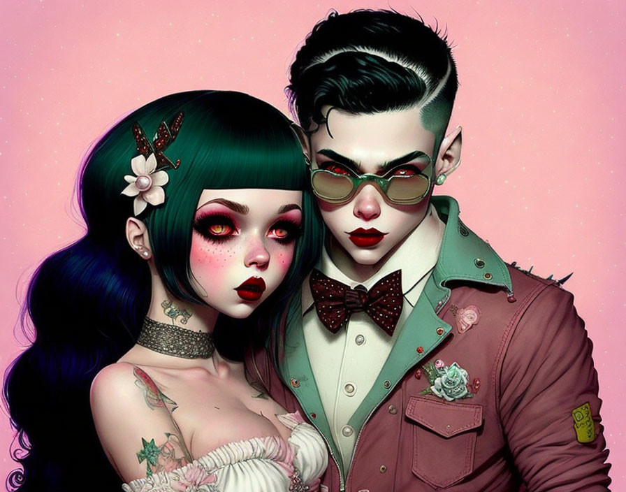 Stylized digital illustration of gothic couple with tattoos and unique fashion