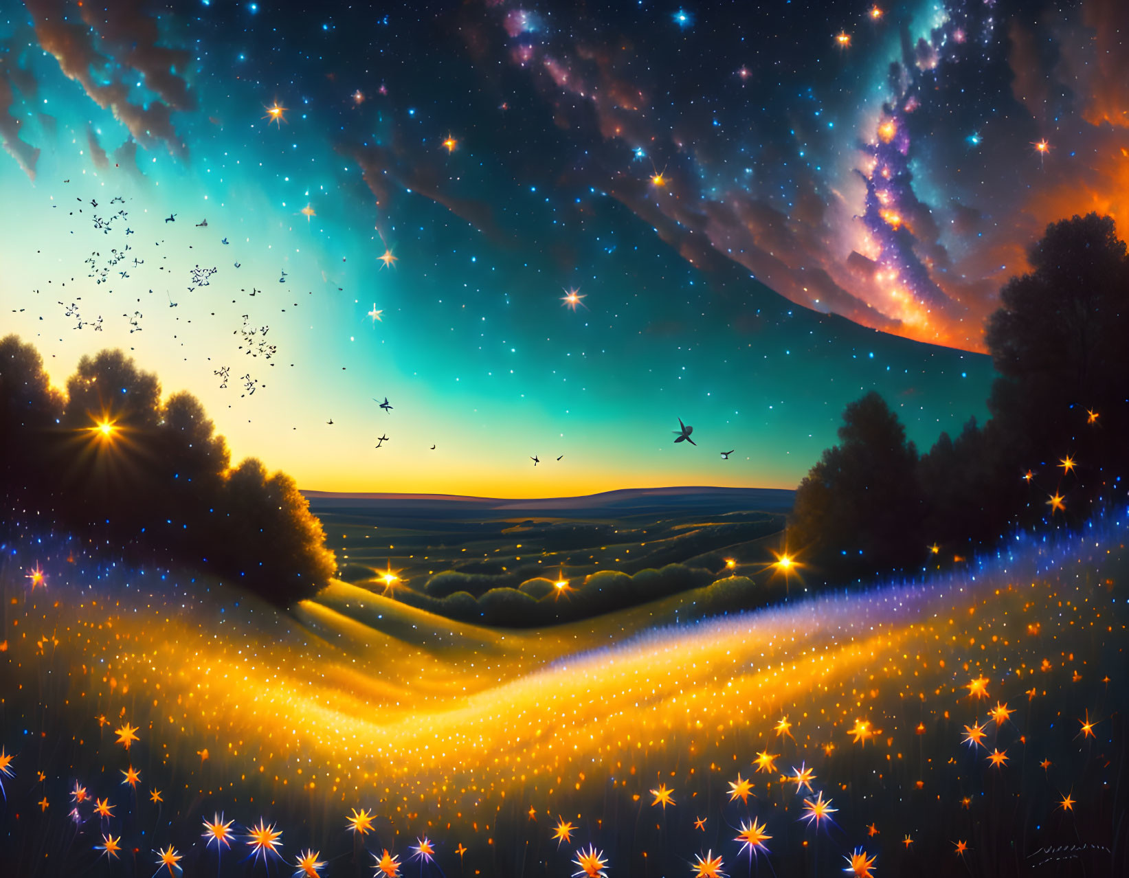 Vibrant fantasy landscape: starry sky, sunset horizon, glittering fields, silhouet