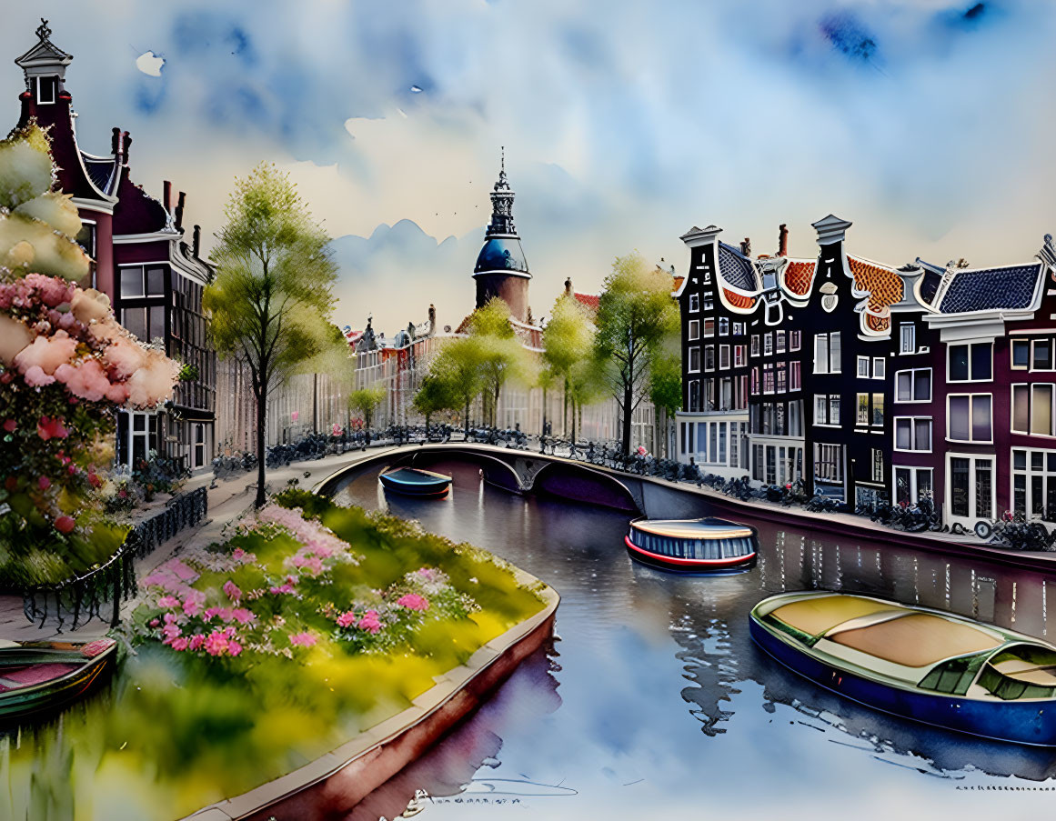 Colorful Amsterdam Canal Scene with Traditional Houses and Church Tower