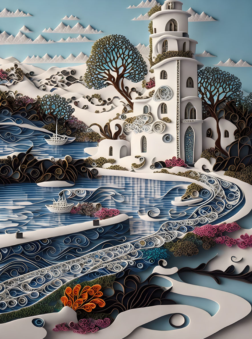 Paper Art Scene of White Lighthouse, Blue Waves, Trees, and Mountains