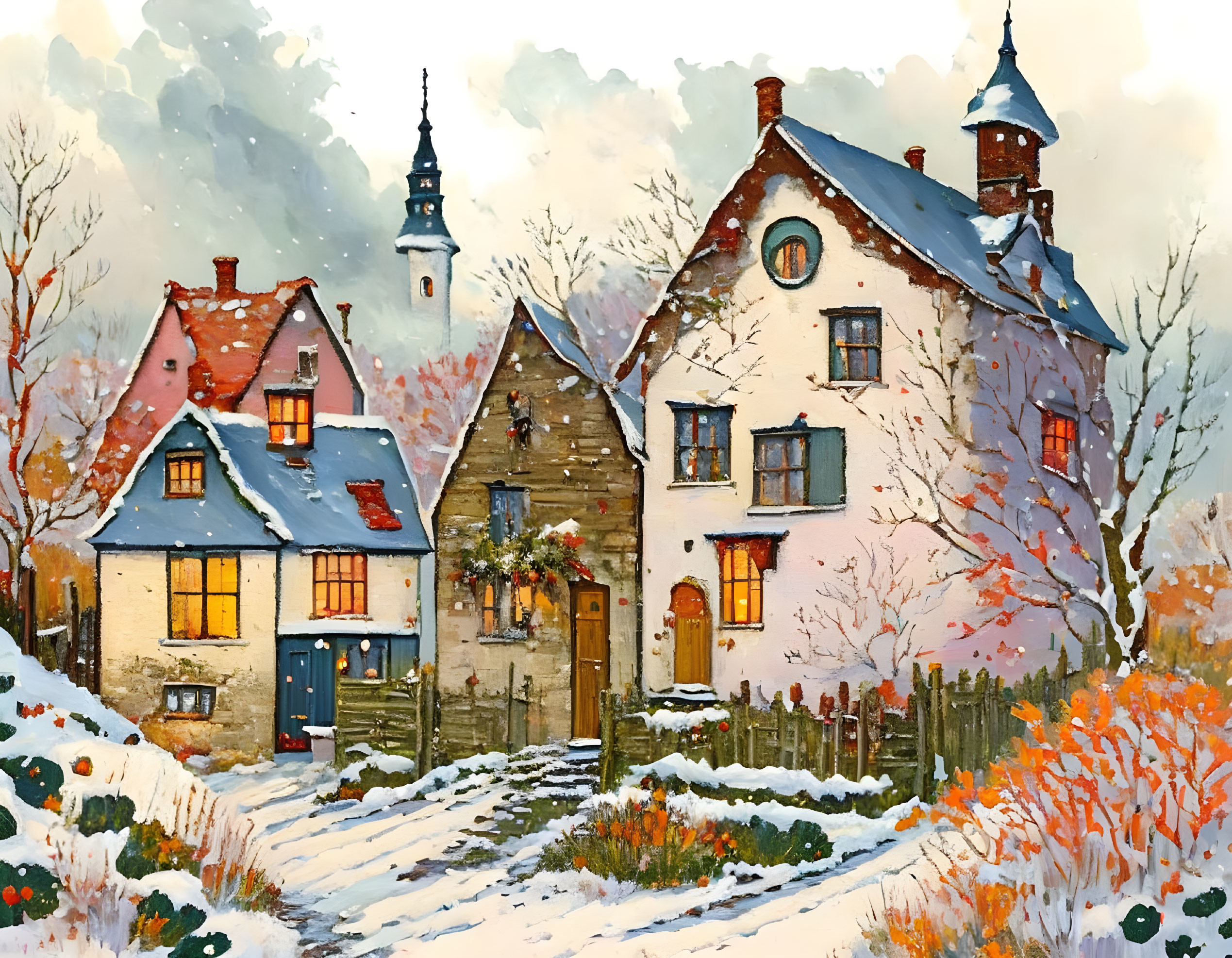 Snow-covered European-style houses in autumnal snowy landscape