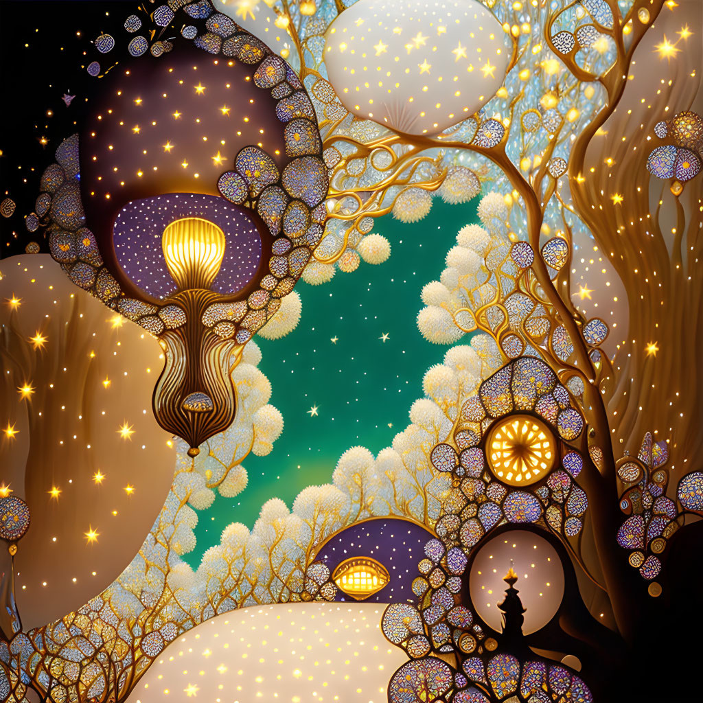 Whimsical starry landscape with glowing trees and figure