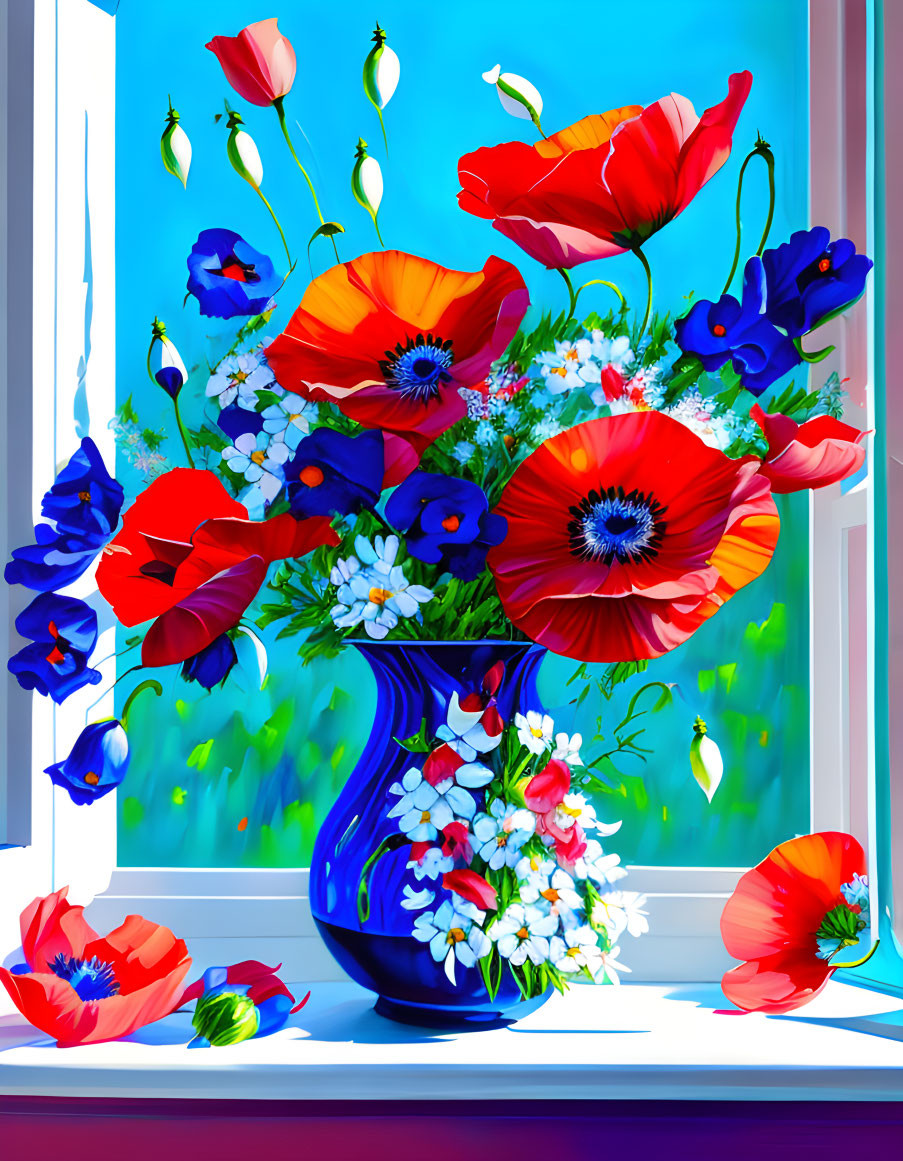 Colorful digital artwork: Blue vase, red poppies, and blue flowers on windowsill