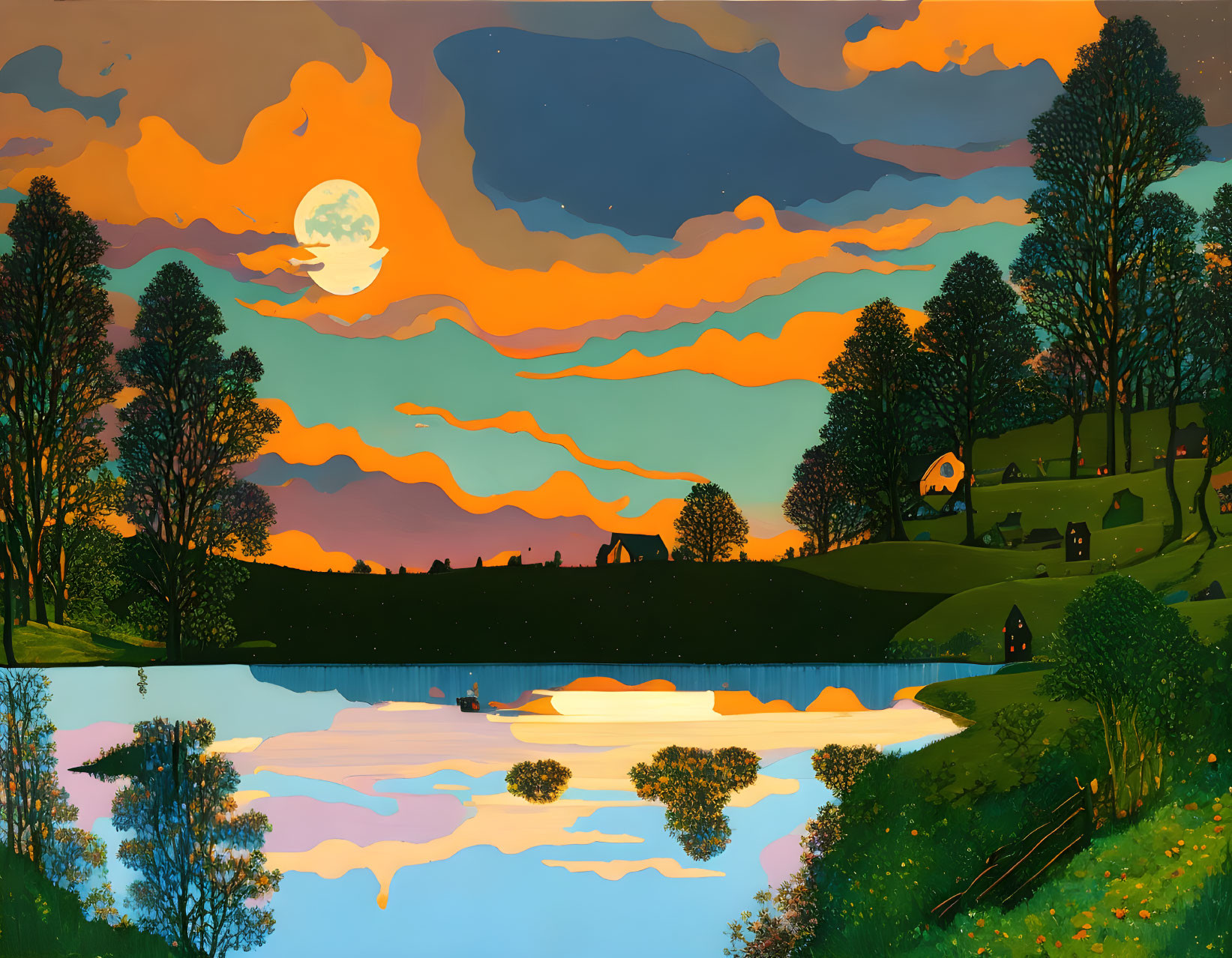 Colorful sunset over lake with moonrise, cottages, and trees